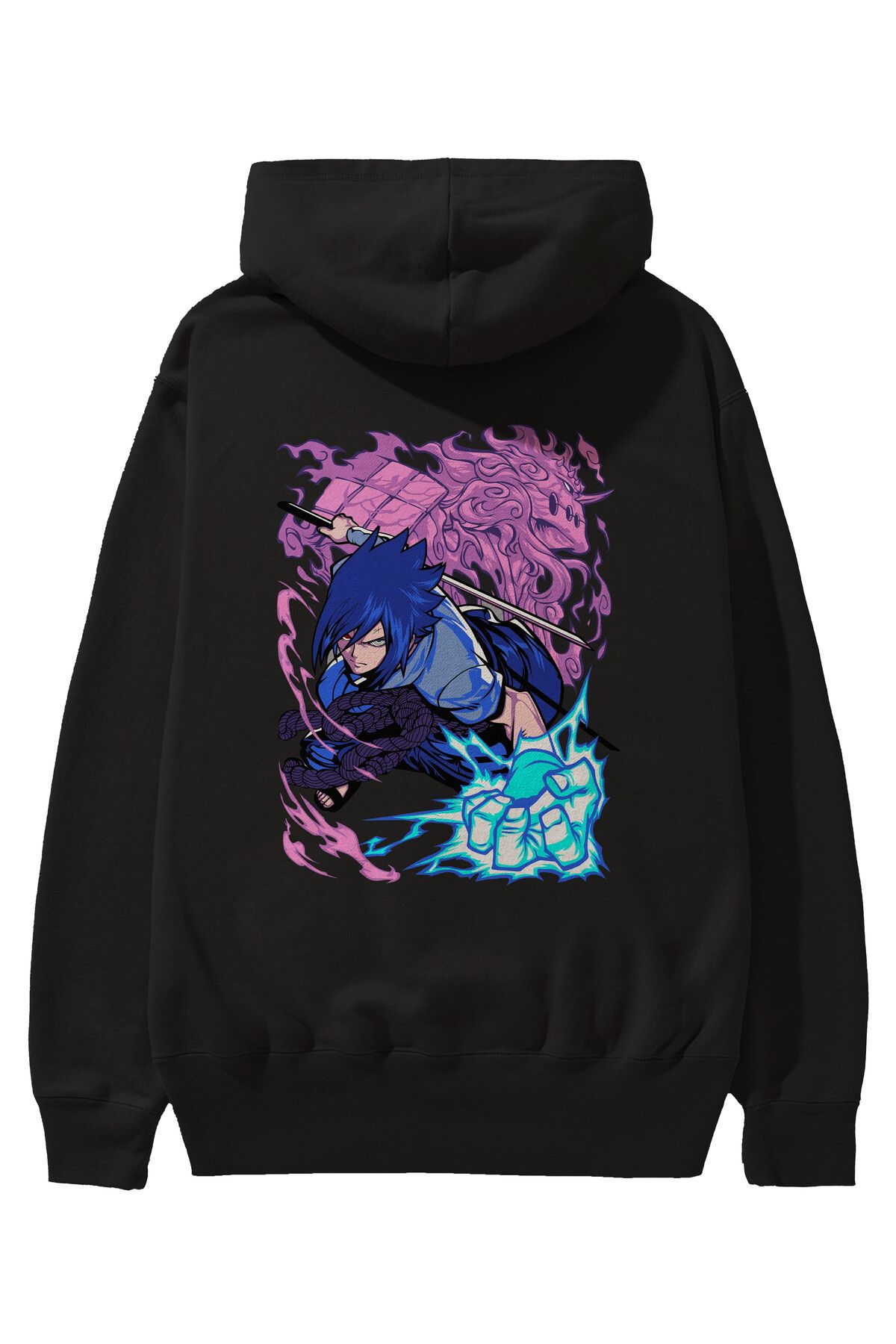 Ankhises Naruto Sasuke Uchiha 2 Hanorac Negru Supradimensionat Cu Glugă, Cu Imprimeu Pe Spate, Bărbați, Femei Masculin - M