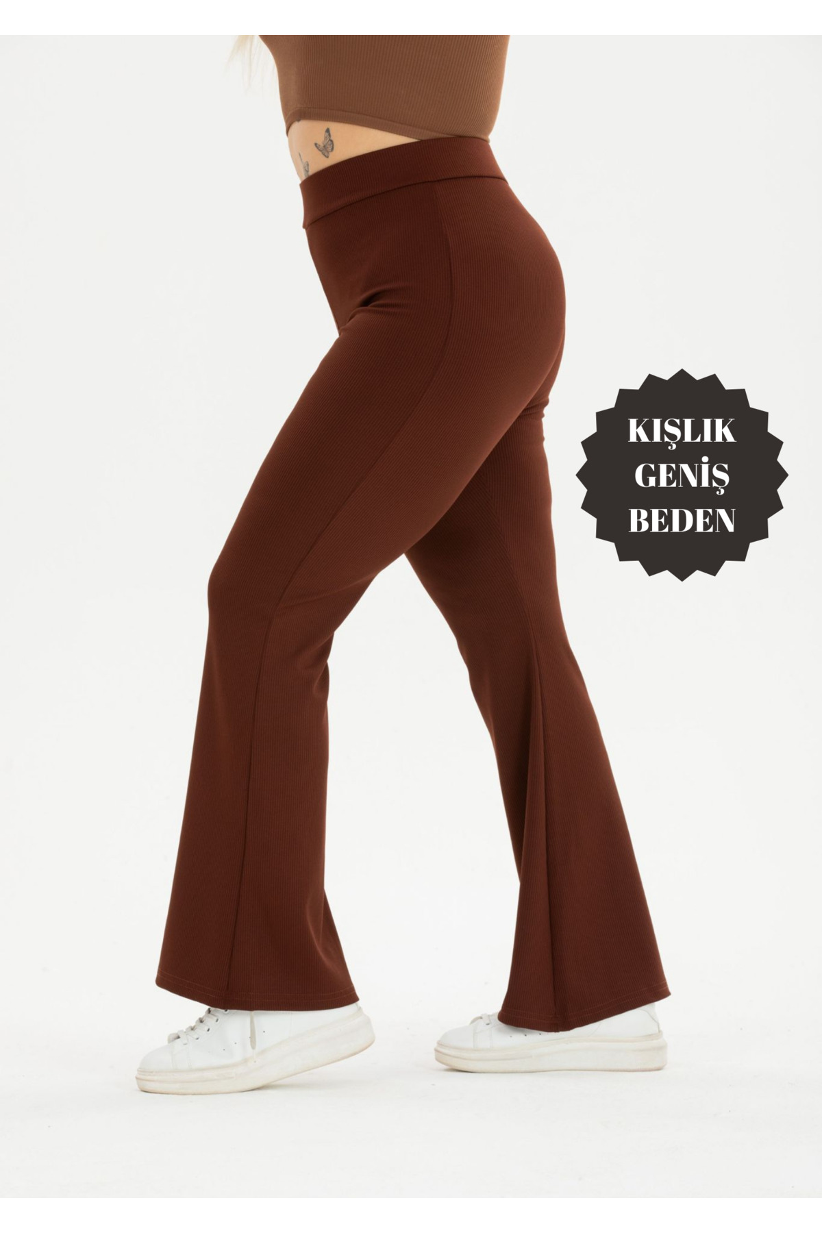 BANEGA Curve Büyük Beden Fitilli İspanyol Paça Şardonlu Polarlı Yüksek Bel Toparlayıcı Kahverengi Tayt