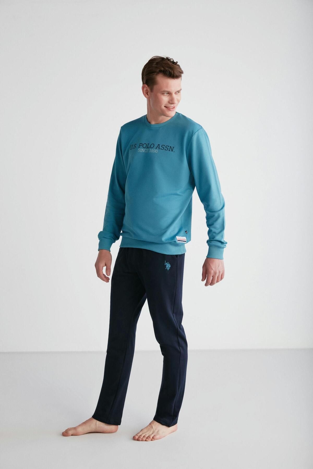 ست پیژامه سبز مردانه لباس خواب یقه گرد فیروزه ای U.S. Polo Assn.
