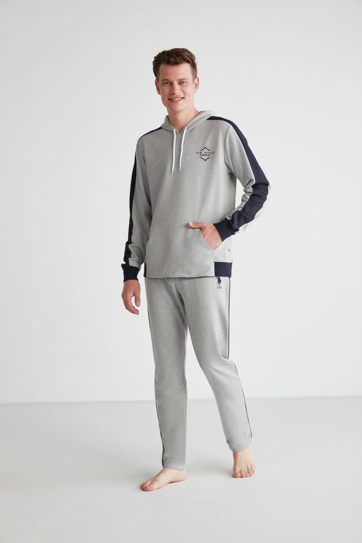 ست پیژامه خاکستری مردانه لباس خواب کلاهدار ملانژ U.S. Polo Assn.