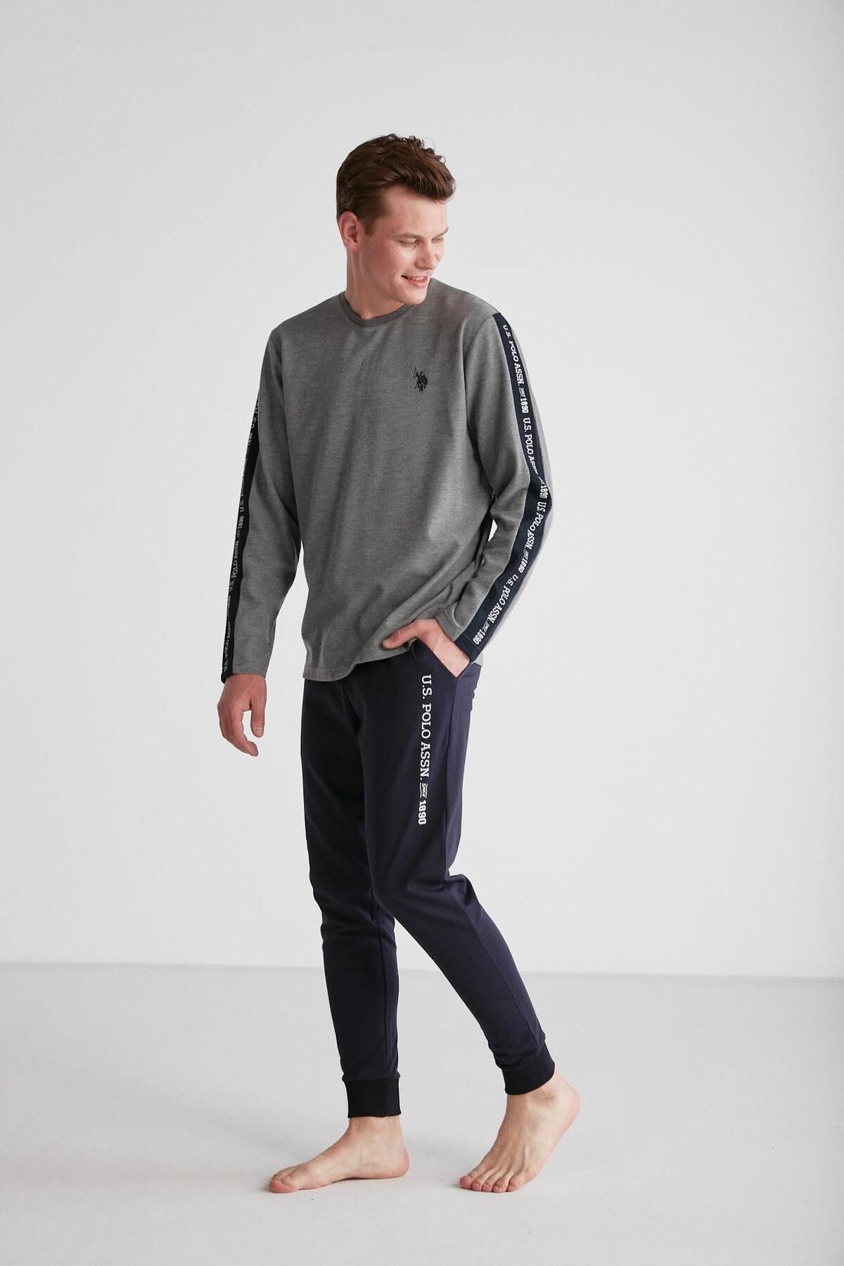 ست پیژامه خاکستری مردانه لباس خواب یقه گرد آنتراسیت ملانژ U.S. Polo Assn.