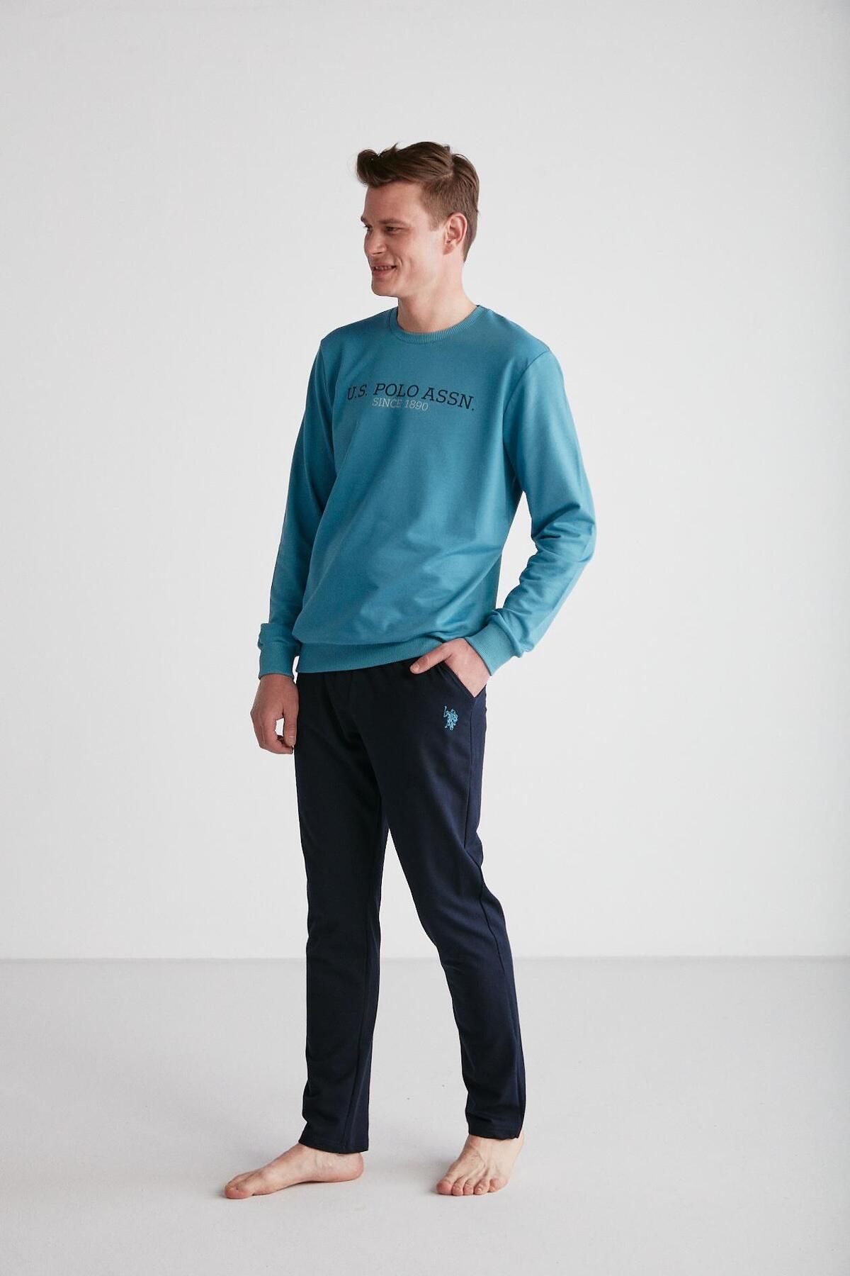 ست پیژامه سبز مردانه لباس خواب یقه گرد فیروزه ای U.S. Polo Assn.