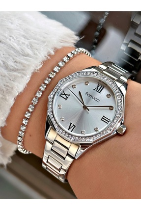 Ferrucci Gümüş Renk Çelik Kordon Taşlı Roma Rakamlı Kadın Kol Saati Bileklik ...