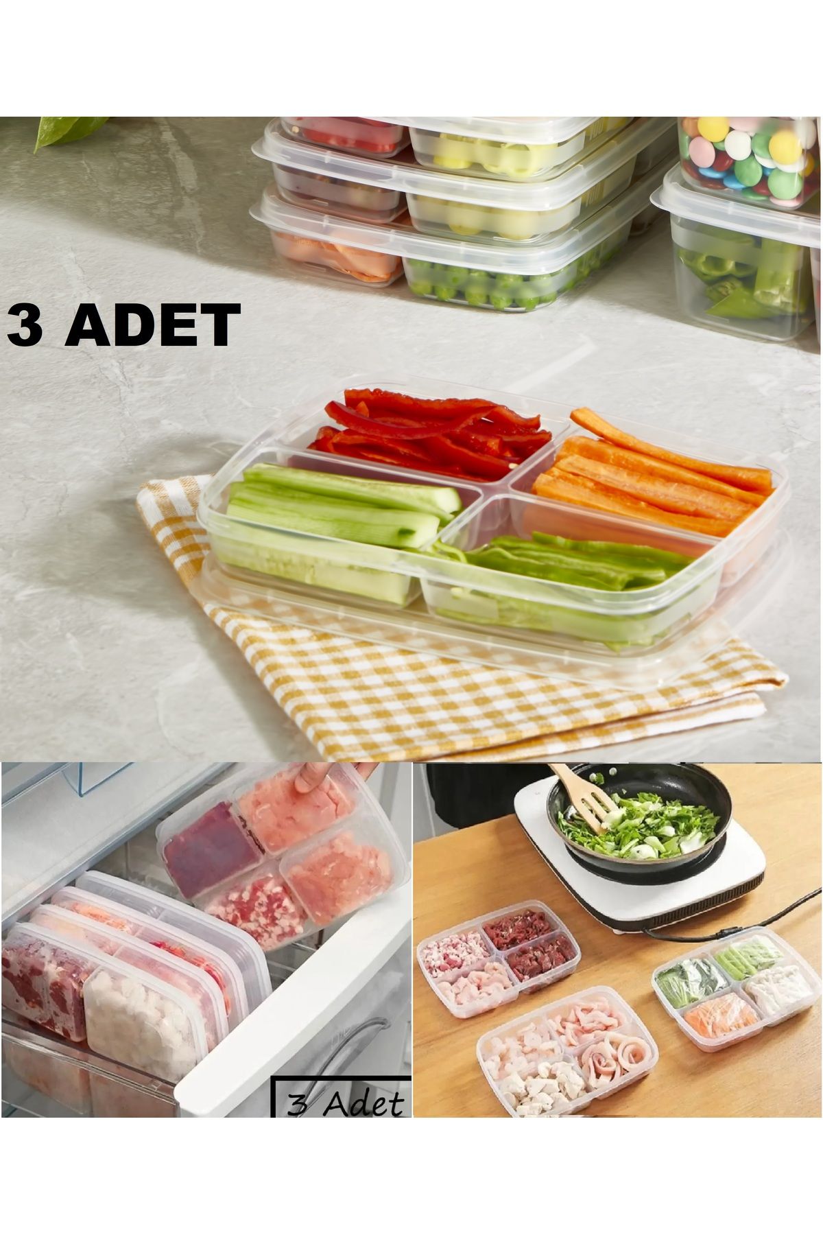 Bayev-3 Pieces 4 Compartment Refrigerator Storage Box with Lid - Picnic Breakfast School Storage Container 1