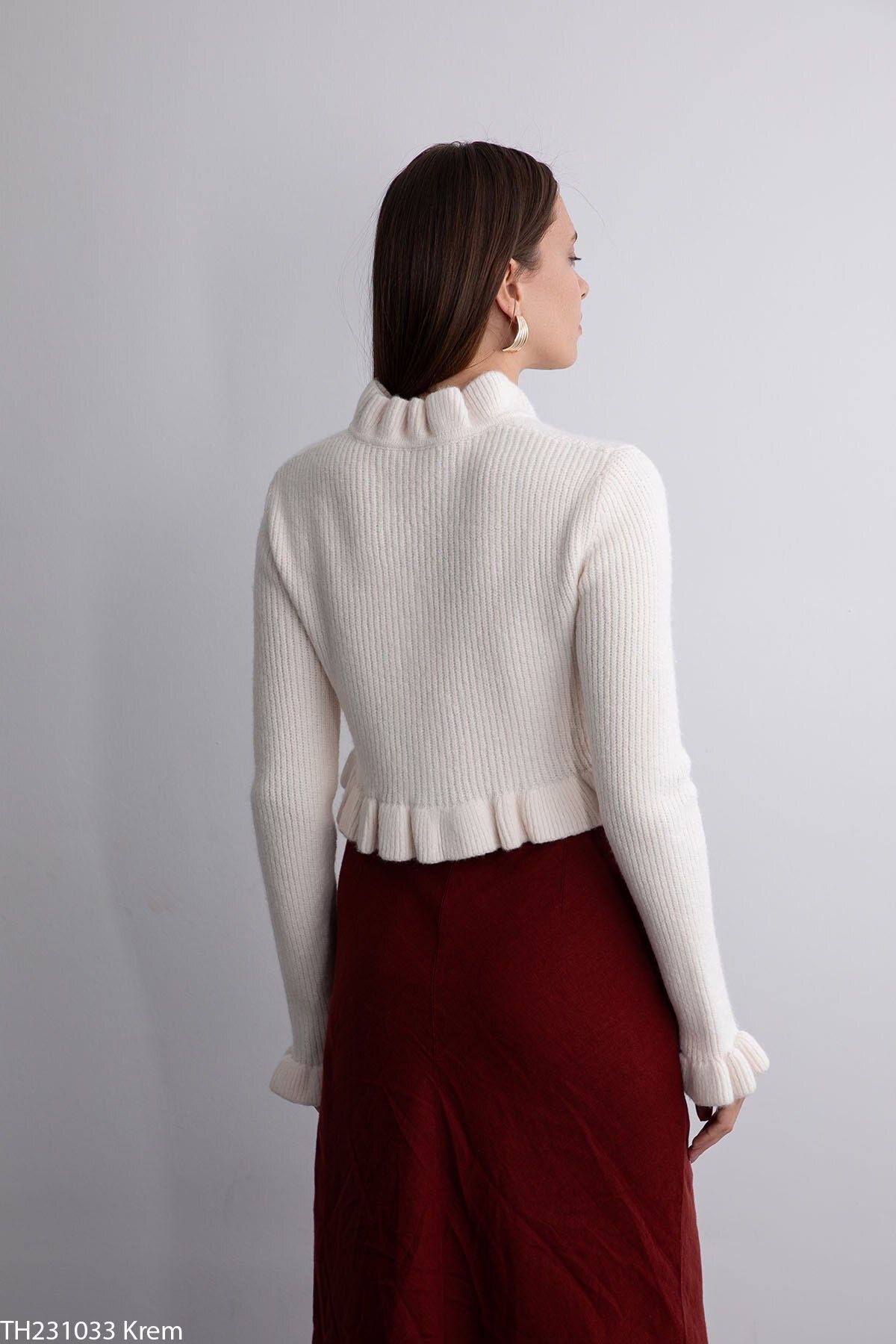 Liora Women s Cream Ruffled Short Cardigan with Tie Detail Trendyol