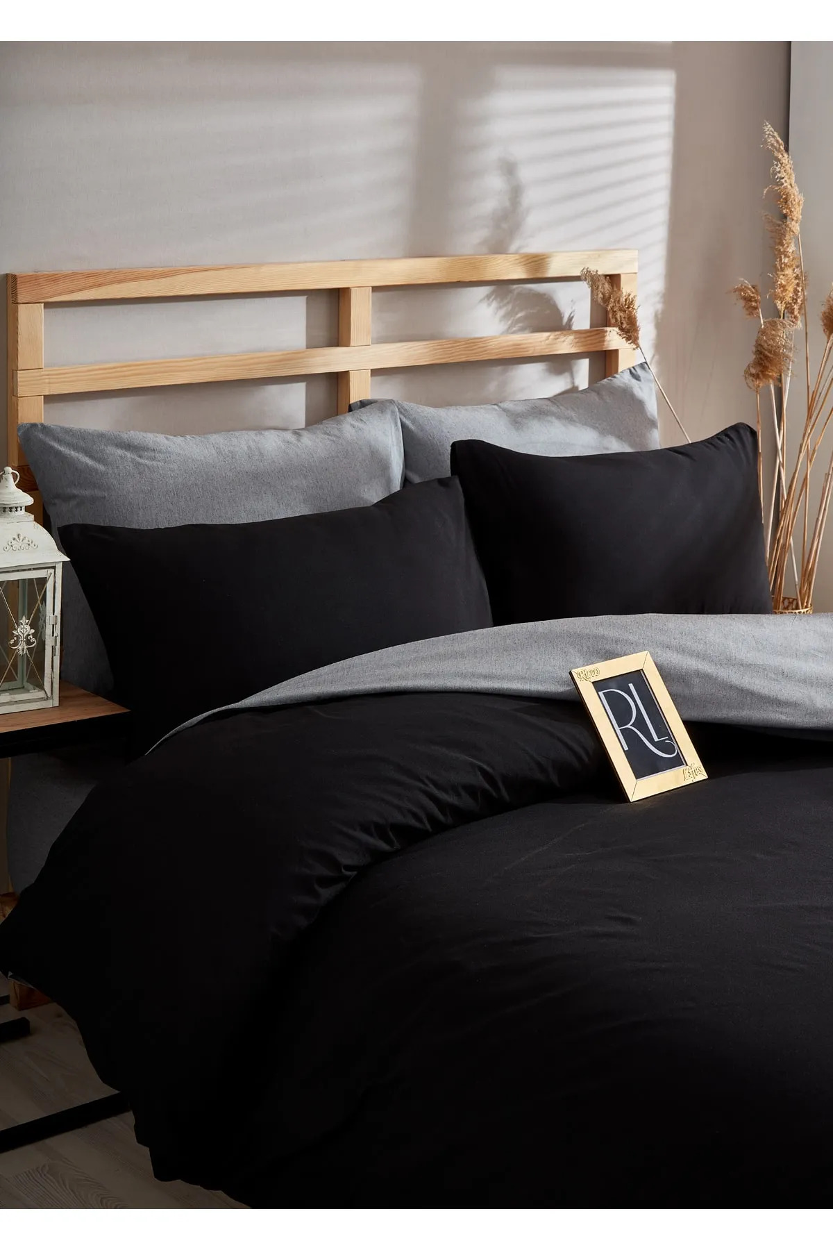 esseHM Solid Color Black Gray Double Sided Duvet Cover Set Double