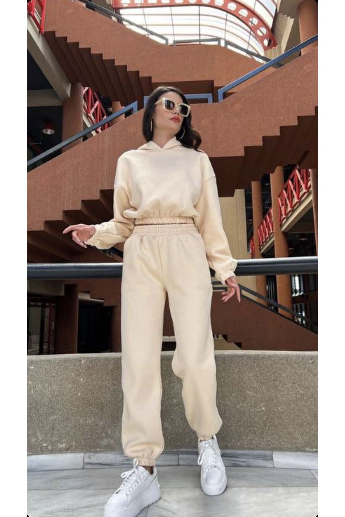 Floral Sport Beige Soft Cropped Tracksuit Set with Ribbon Inside 3