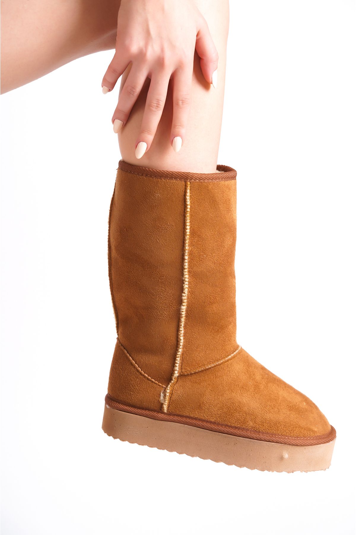 Moda Değirmeni-Hellbraune Wendy-Fellgefütterte Damenstiefel aus Wildleder BG1179-116-0001 4