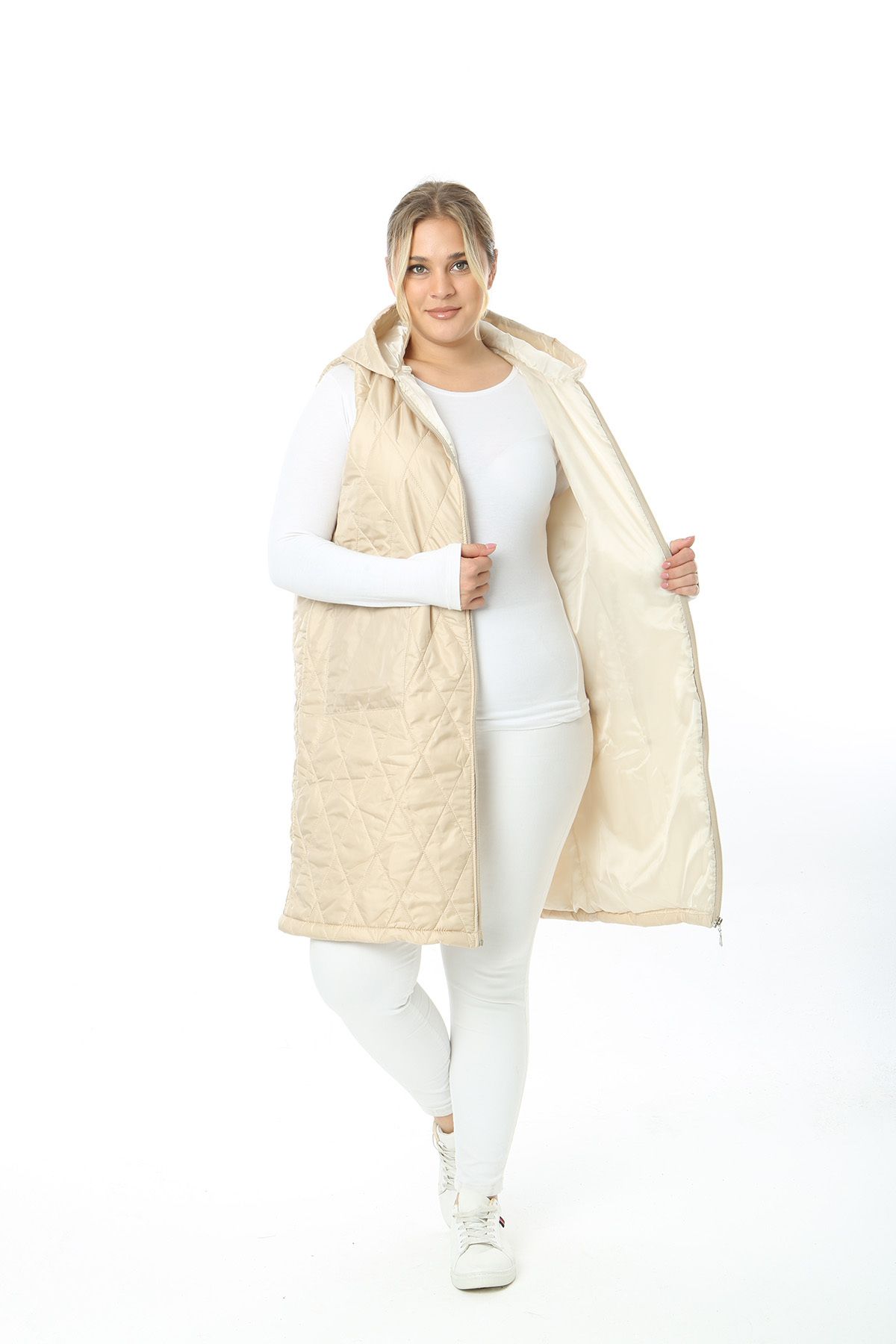 XL Modam-WOMEN'S LARGE SIZE QUILTED HOODED CREAM VEST 3