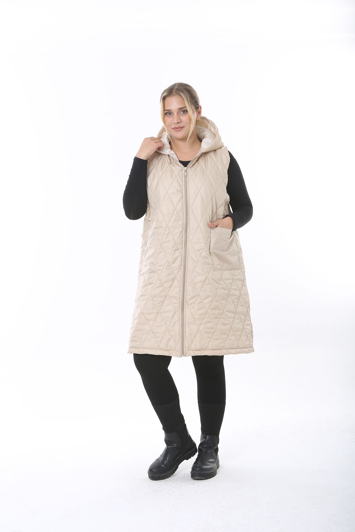 XL Modam-WOMEN'S LARGE SIZE QUILTED HOODED CREAM VEST 5