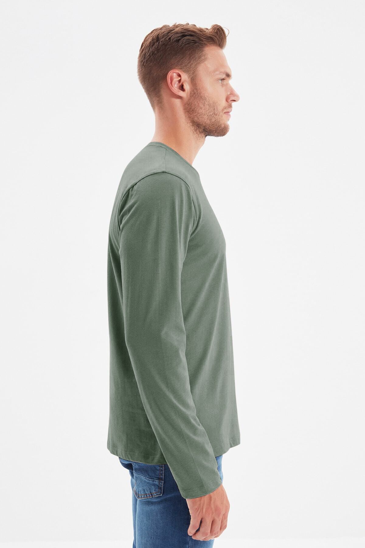Trendyol Collection-Sötétzöld hosszú ujjú 100% pamut póló - Normal Fit TMNAW21TS0208 4