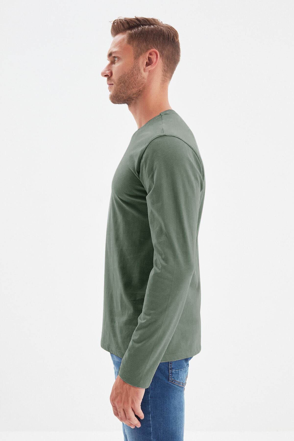 Trendyol Collection-Sötétzöld hosszú ujjú 100% pamut póló - Normal Fit TMNAW21TS0208 5