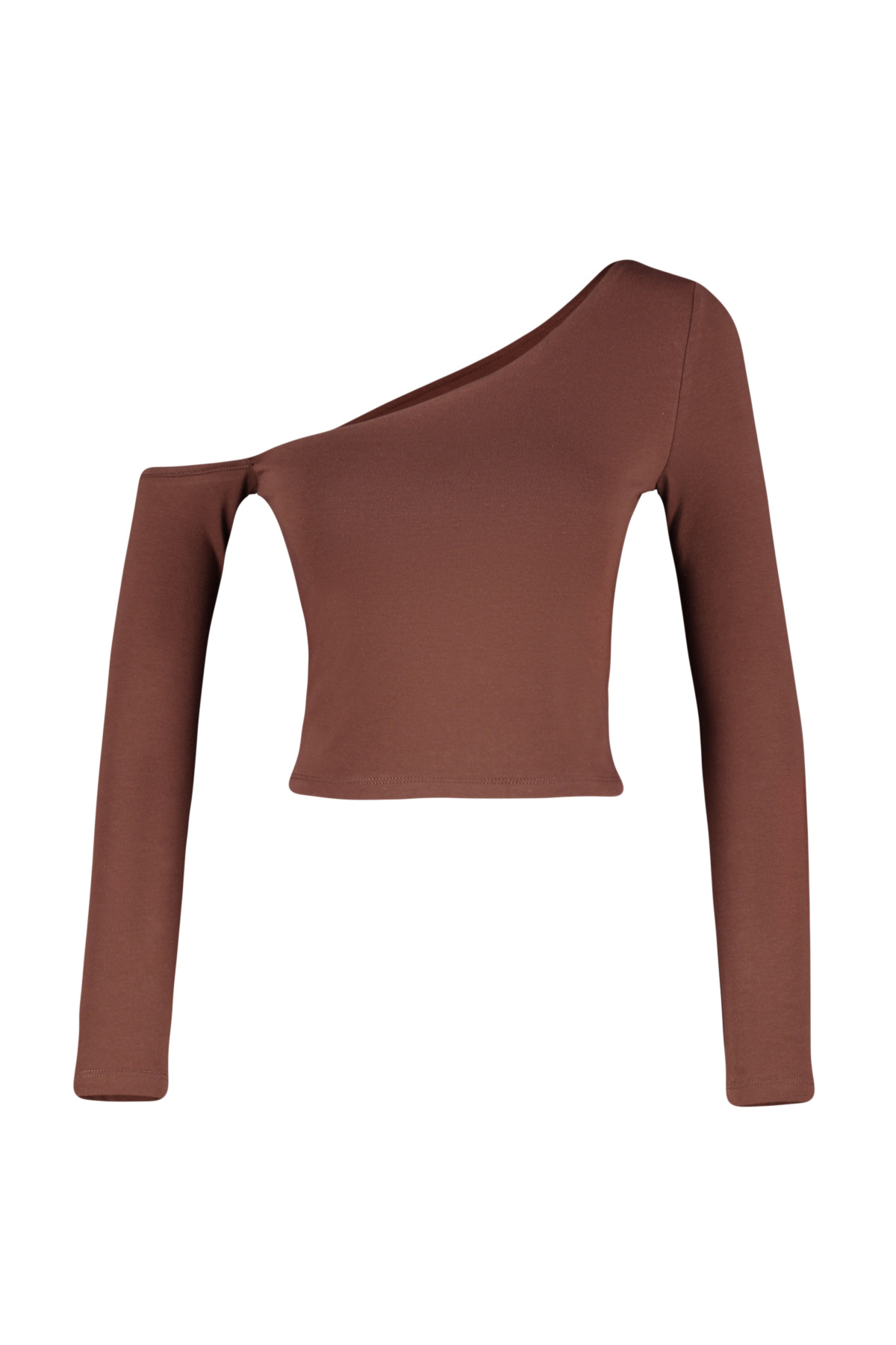 Trendyol Collection-Braune One-Shoulder-Strickbluse aus Baumwolle in schmaler Passform mit kurzem Schnitt TWOAW24BZ00099 6