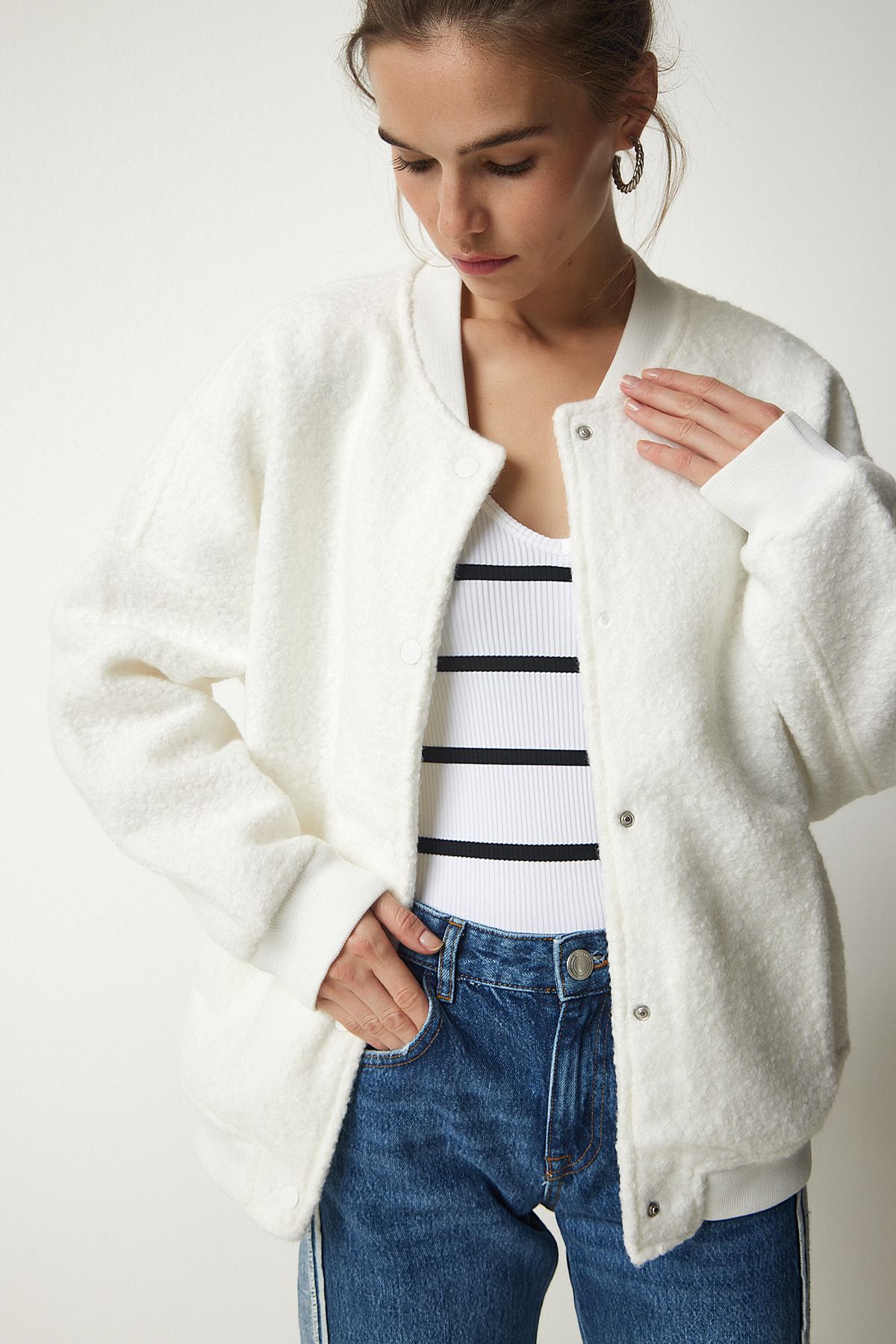 Happiness İstanbul-Women's Ecru Buttoned Boucle Jacket KW00004 3