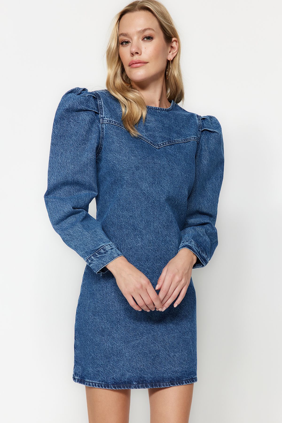 Trendyol Collection Dark Blue Balloon Sleeve Mini Denim Dress