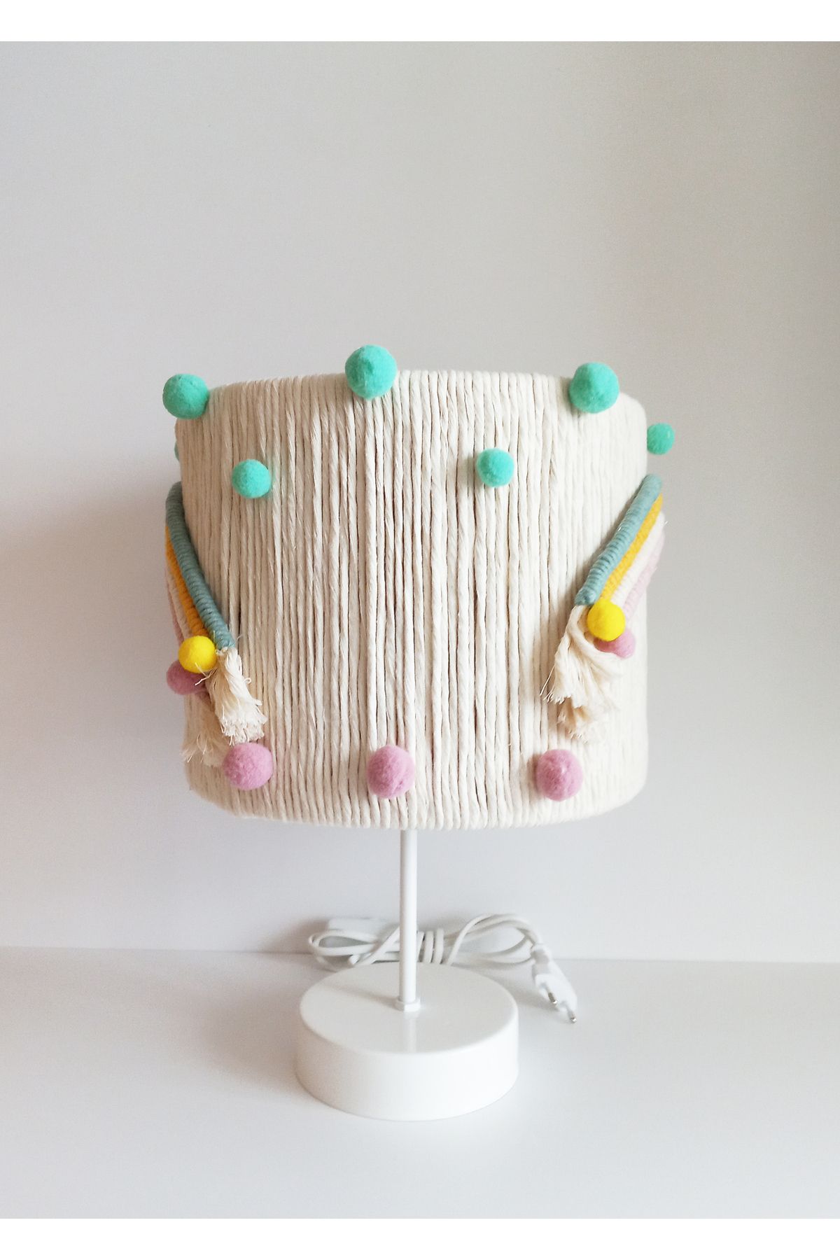 C&A&B KUZEY AVİZE-Ecru Colored Cylinder Macrame Rope Wrap Rainbow - Mint Pink Pompom Baby Girl Child Room Lampshade 2
