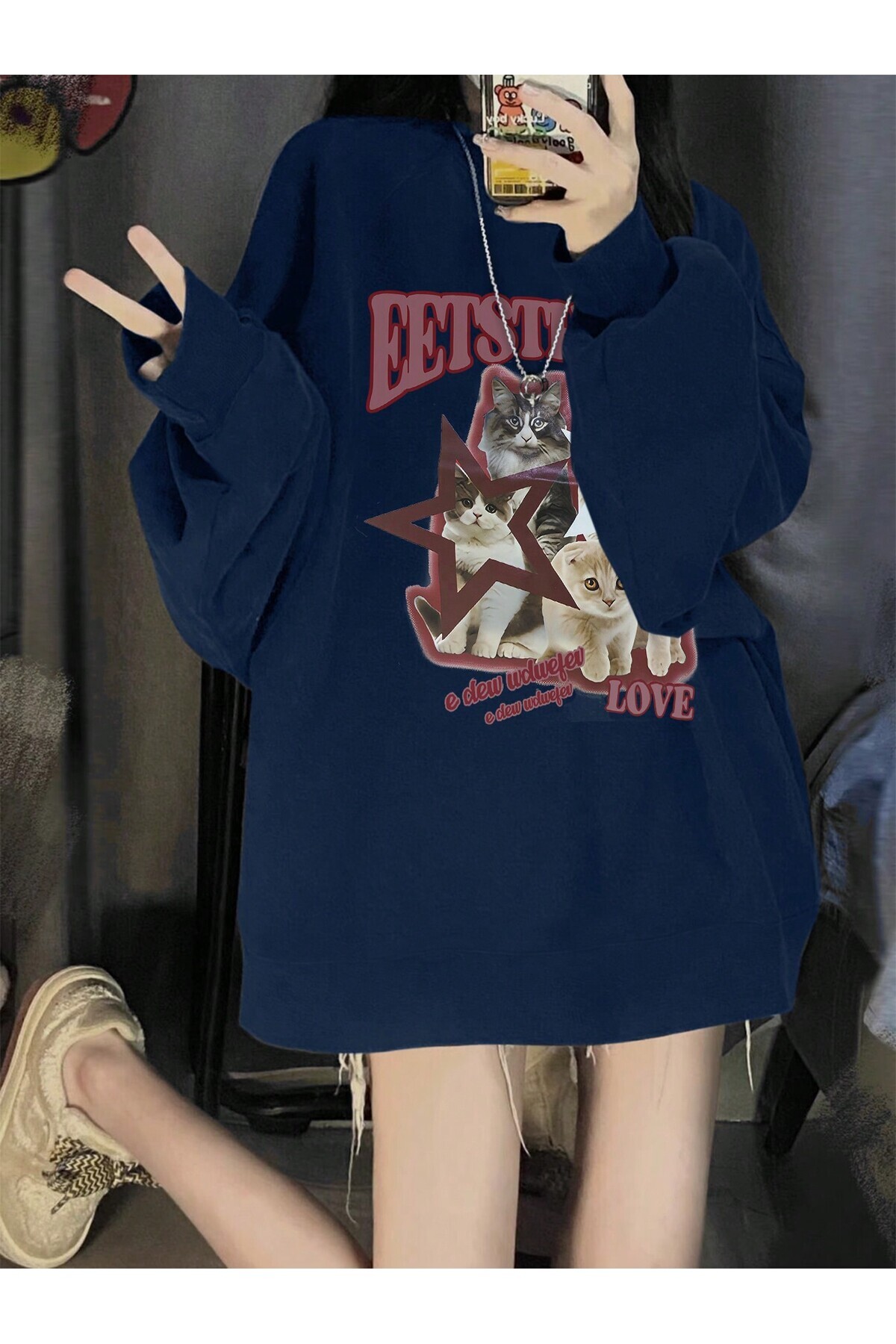 Letter and Cat Patterned Low Shoulder Plus Size Sweatshirt Navy Blue