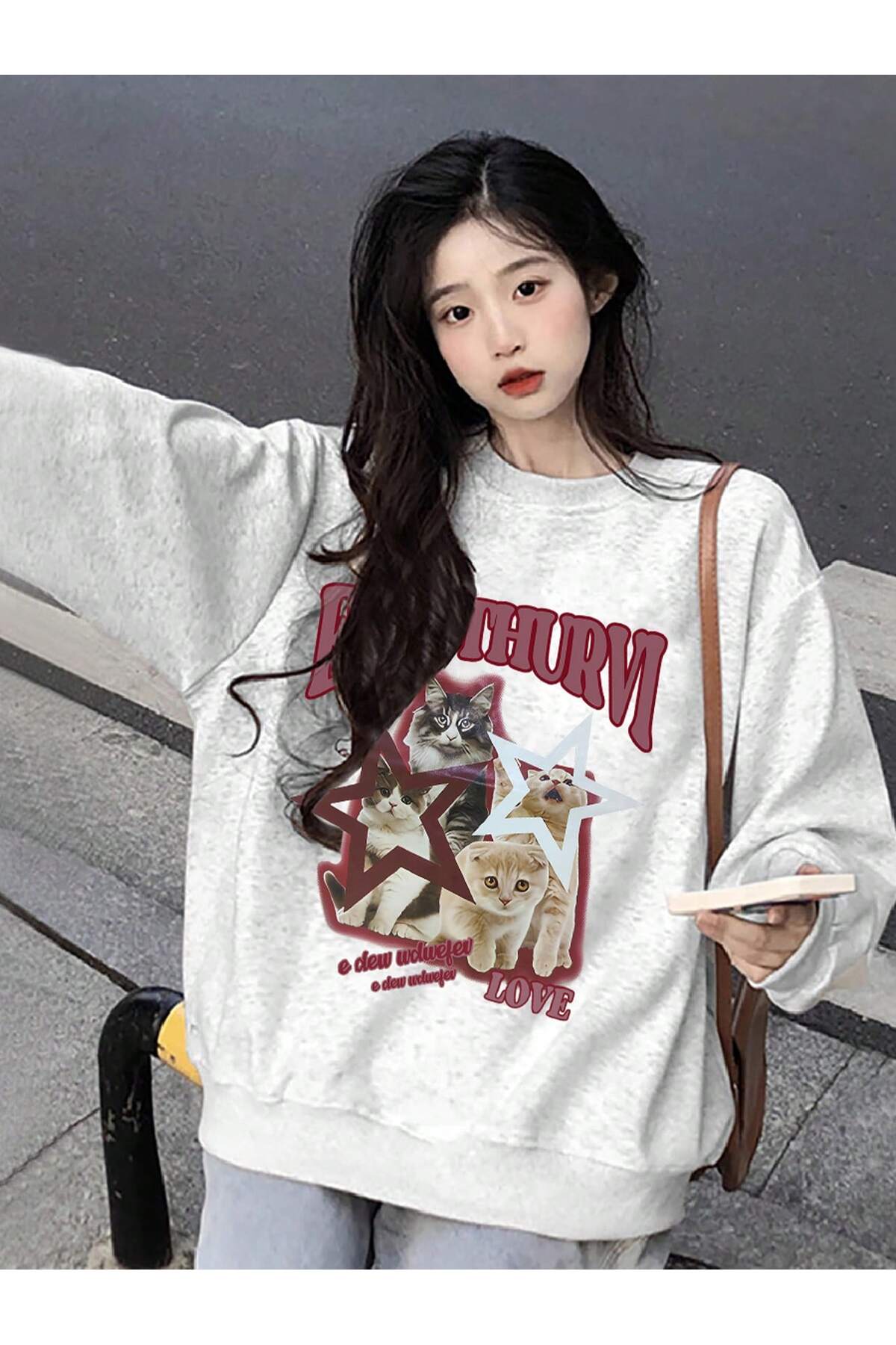 Letter and Cat Patterned Low Shoulder Plus Size Sweatshirt Grey