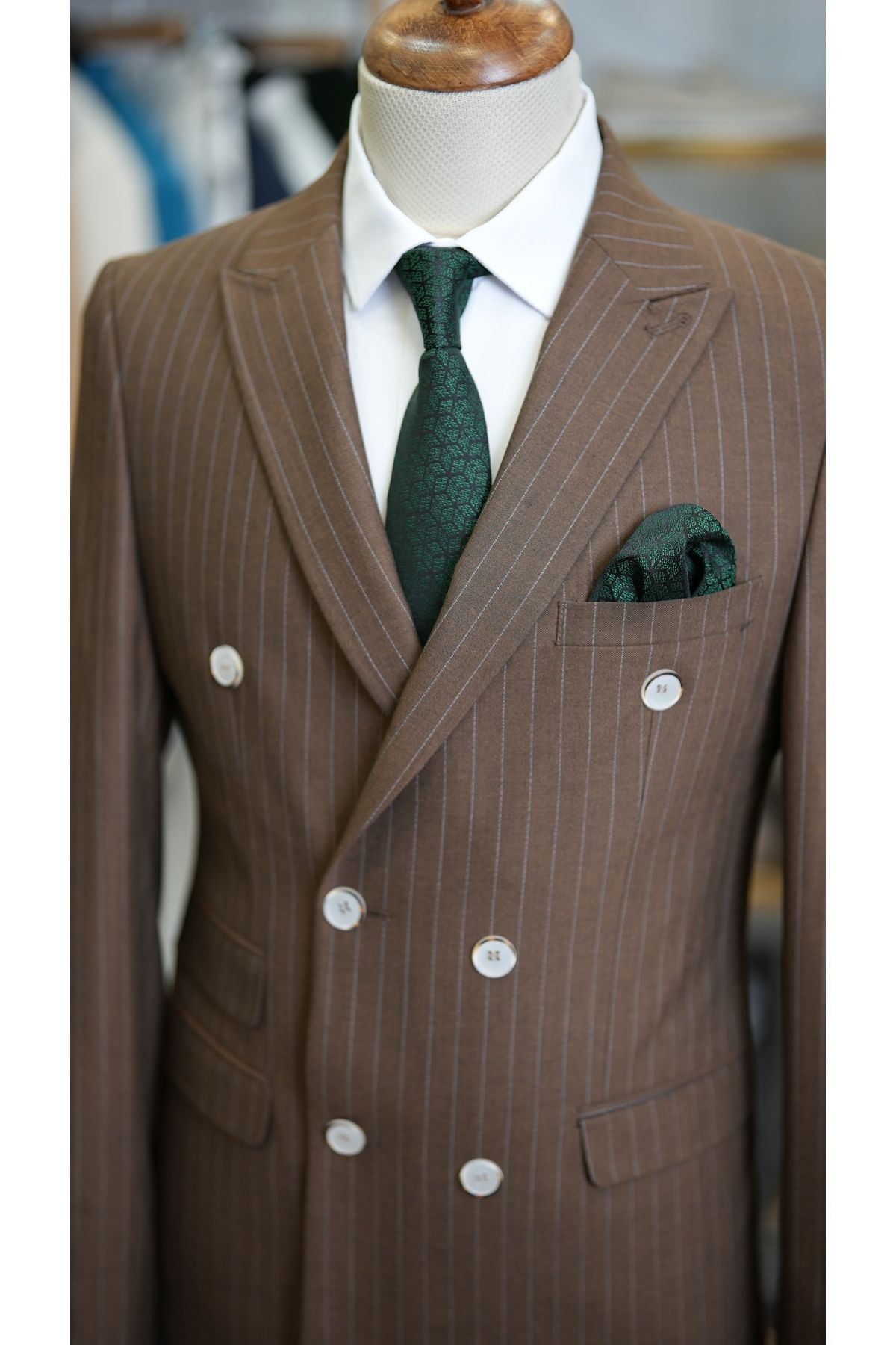 LONATOLİA-Costum cu dungi pentru bărbați, cu croiala italiană, jachetă slim fit, pantaloni-maro deschis 3