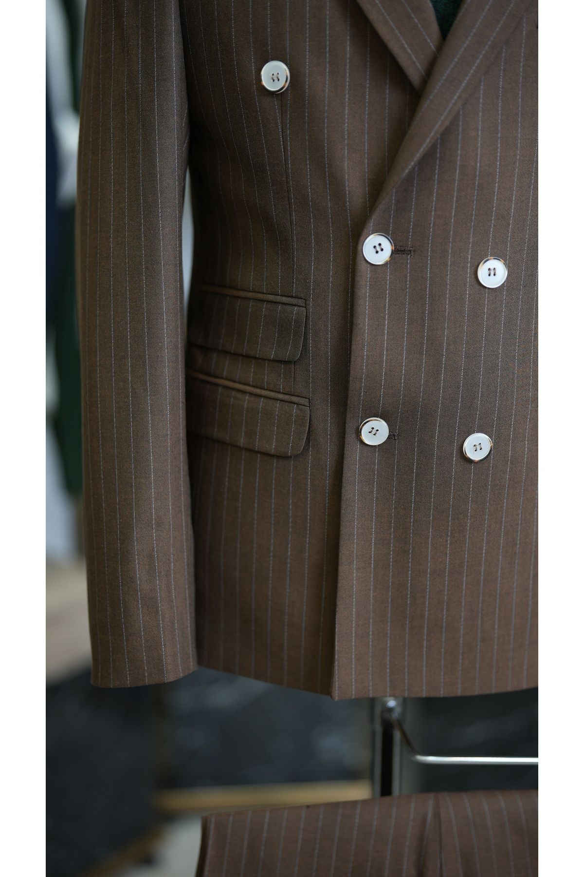 LONATOLİA-Costum cu dungi pentru bărbați, cu croiala italiană, jachetă slim fit, pantaloni-maro deschis 5