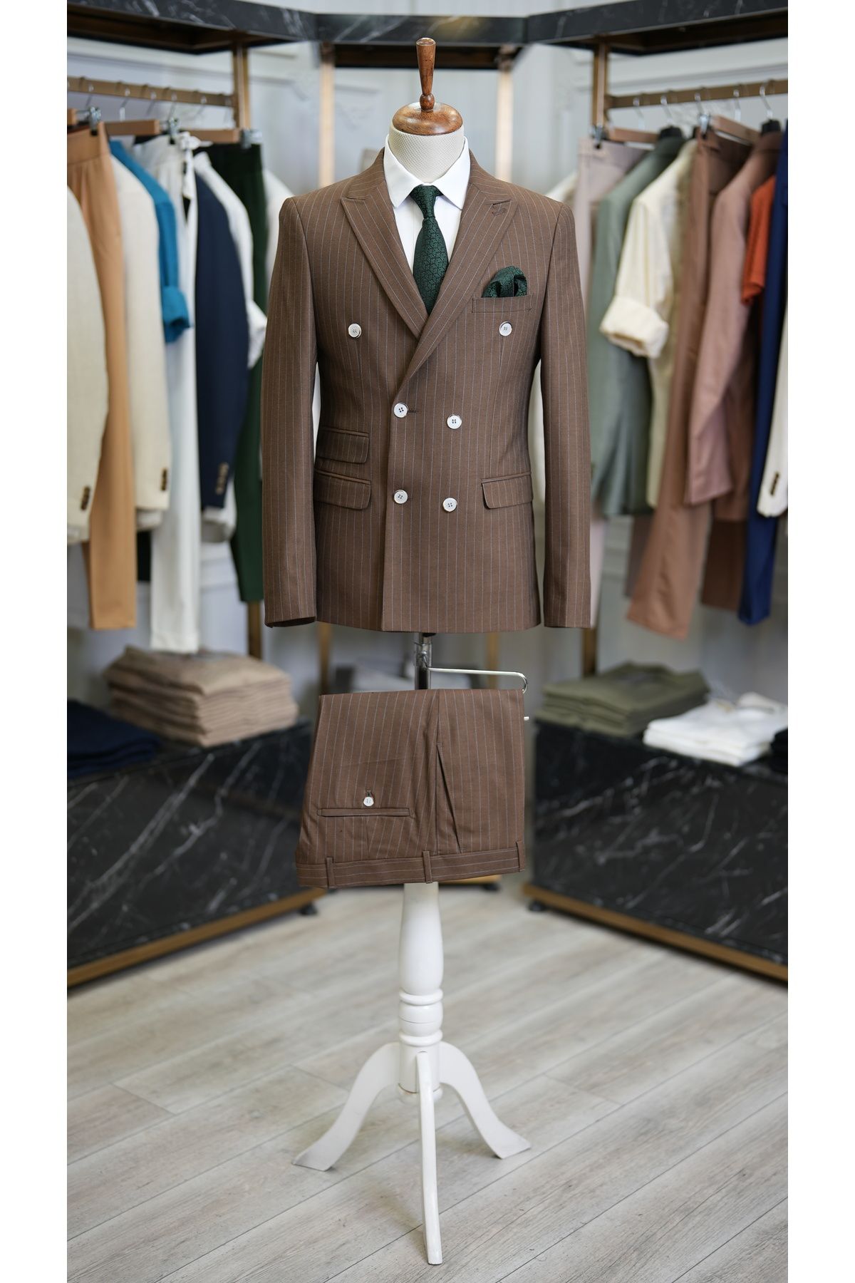 LONATOLİA-Costum cu dungi pentru bărbați, cu croiala italiană, jachetă slim fit, pantaloni-maro deschis 2
