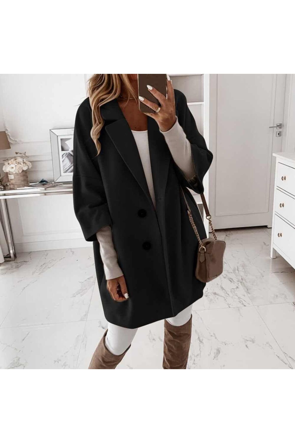FRİYA  Kadın oversıze geniş yaka iki düğmeli palto