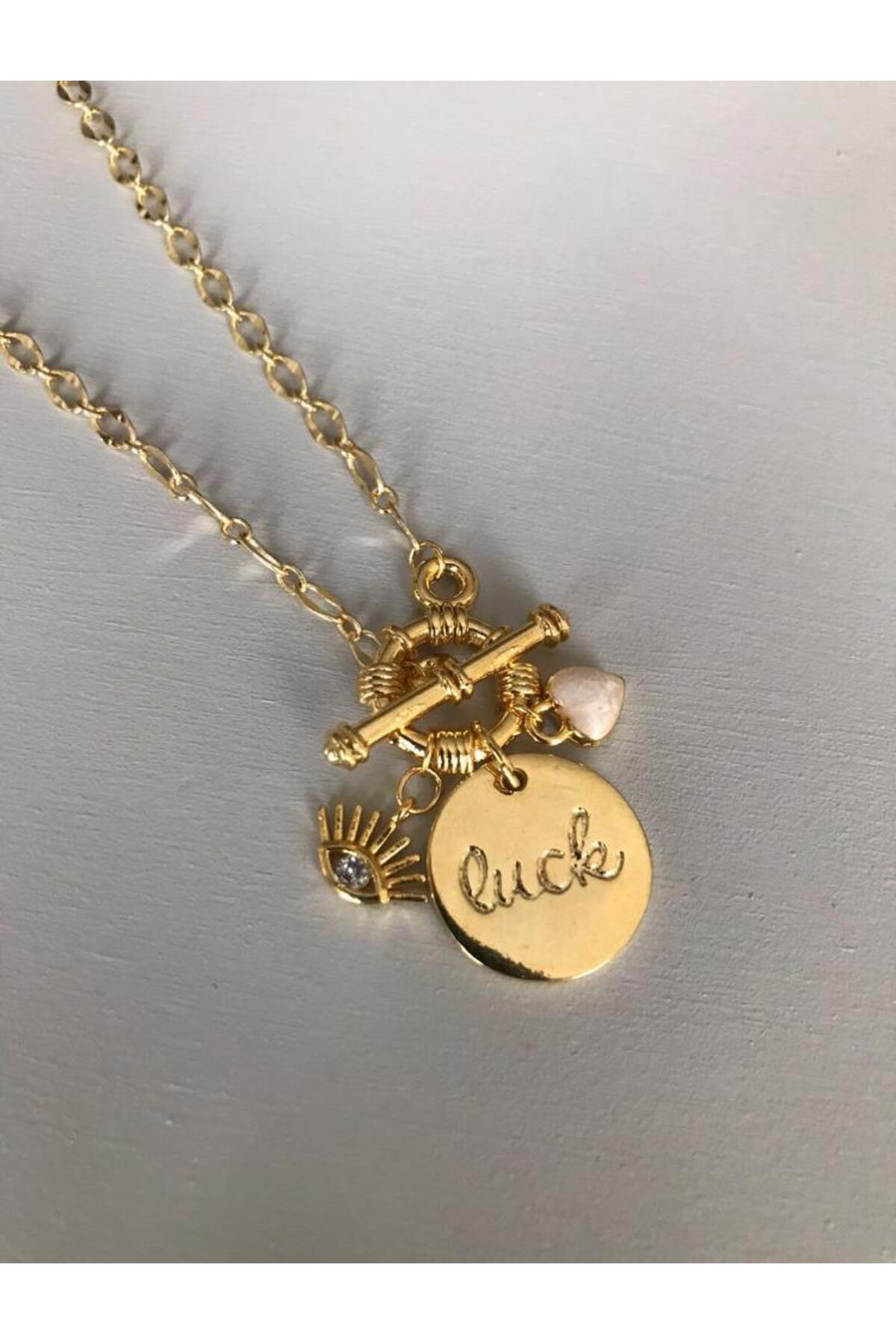 Luck Plaka Altın Kaplama Charm Kadın Kolye Sevgililer Günü Özel