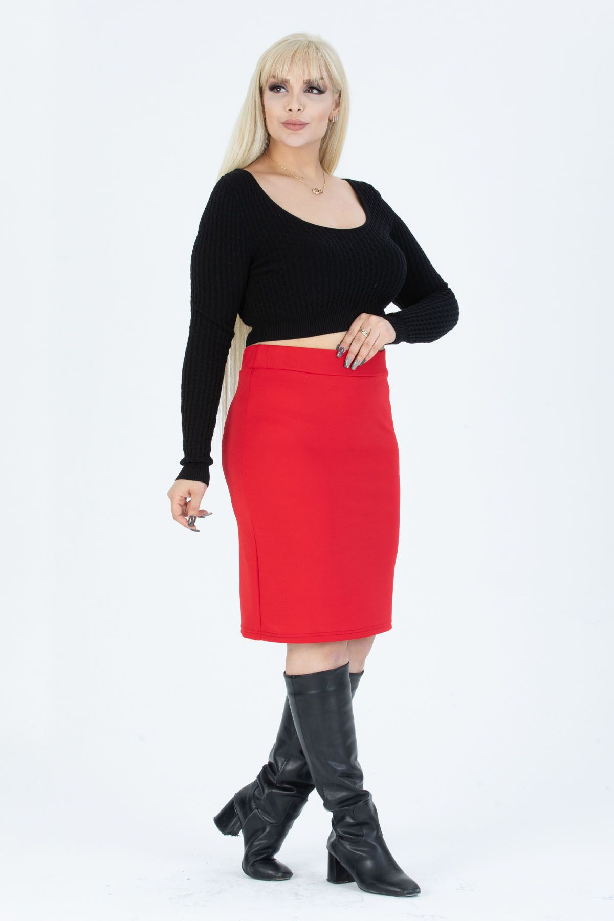 Madwilo Women s Red Stretchy Crepe Pencil Skirt Trendyol