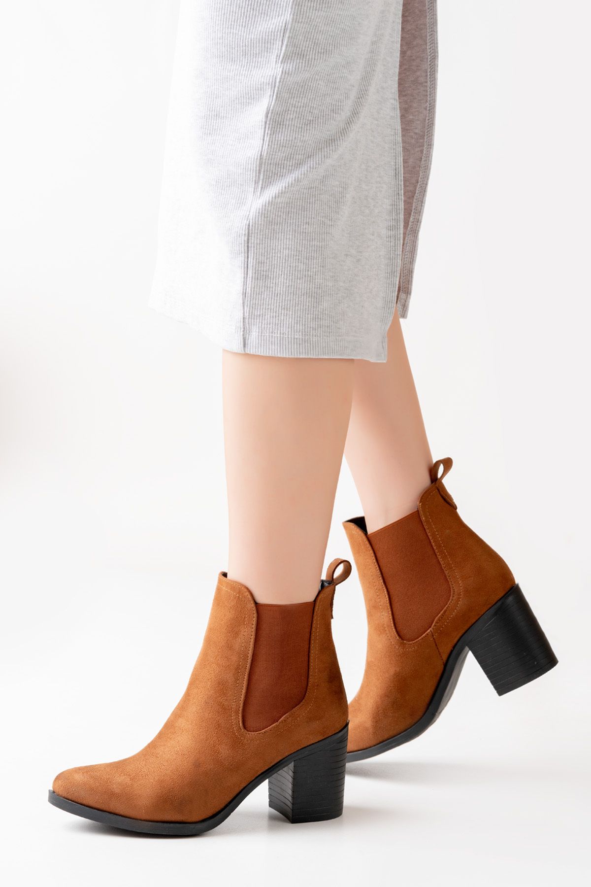 lmn ayakkab tan suede dallas 2 elasticated 7 cm heel orthopedic