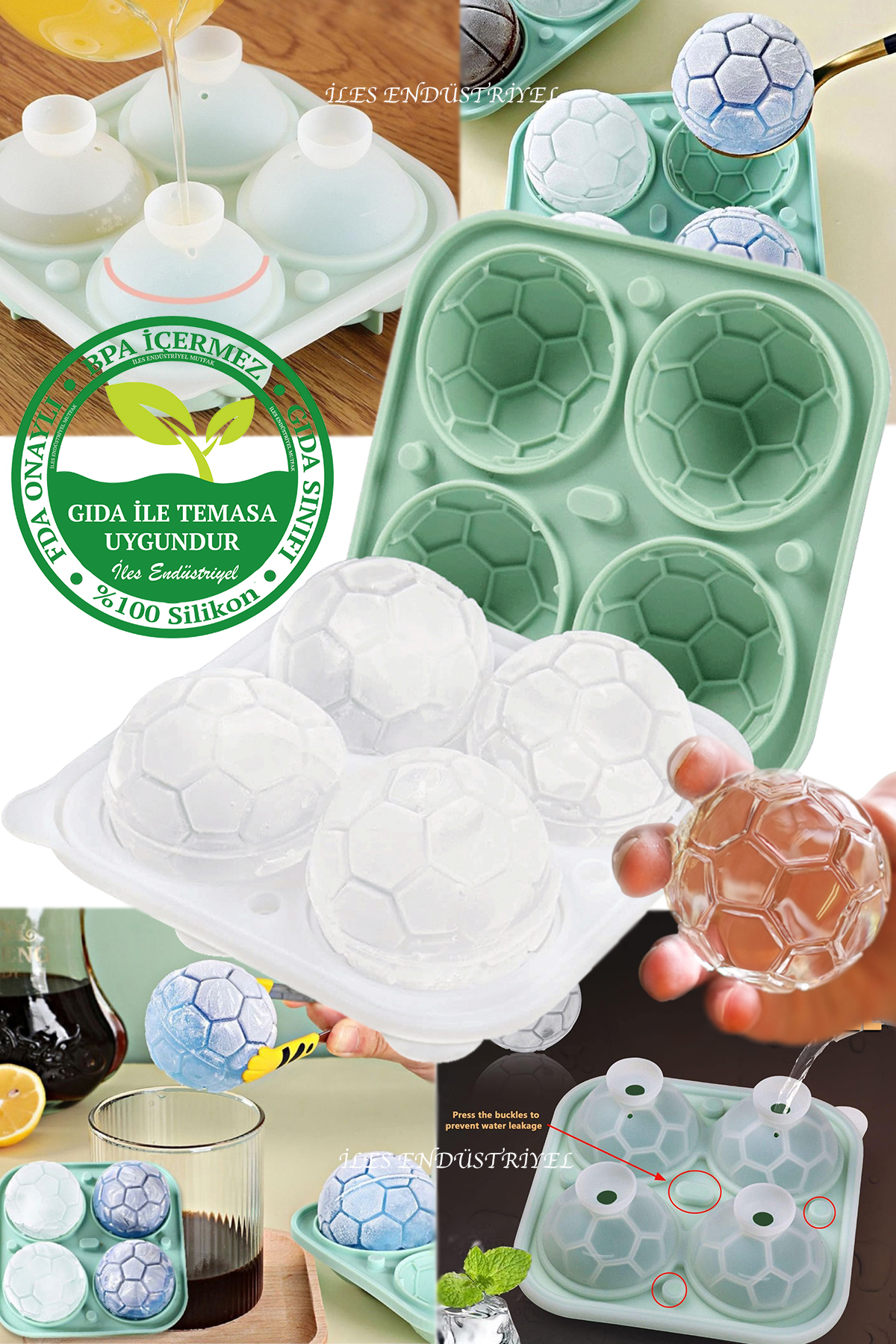 Silicone Soccer Ball Big Size 4 Compartment Ice Mold with Lid, Green