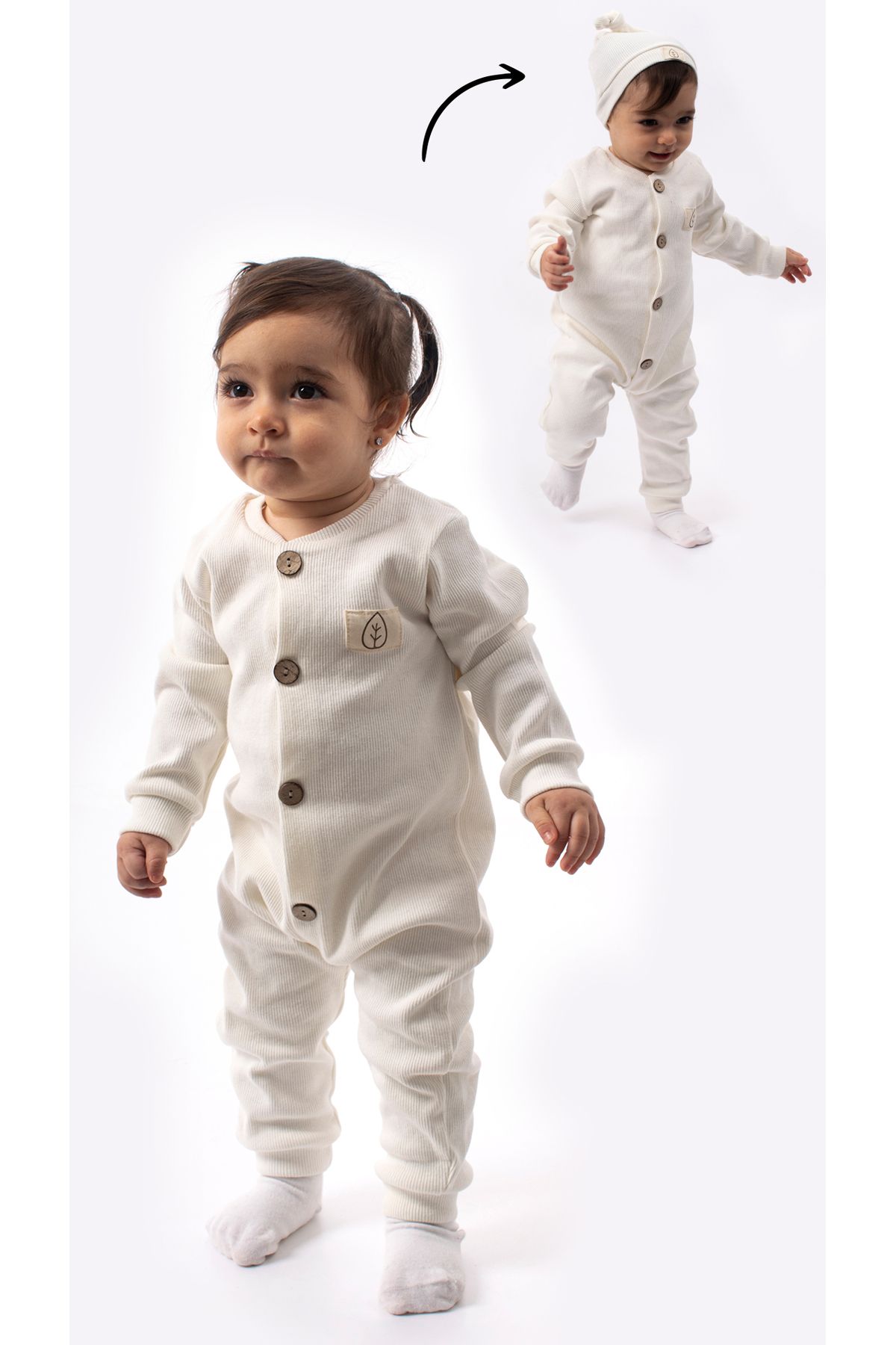 Unisex Tahta Düğme Görselli Şapkalı Şık Bebek Tulum-beyaz