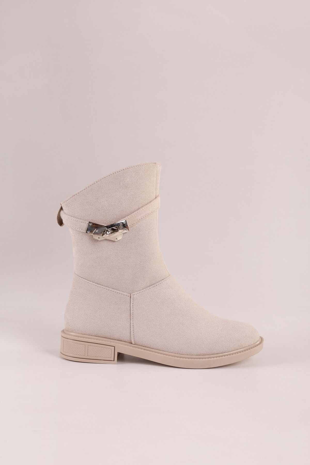 Shoeberry-Damen-Stiefel Mayslie aus beigem Wildleder mit Schnalle und flachem Absatz Beiges Wildleder 5