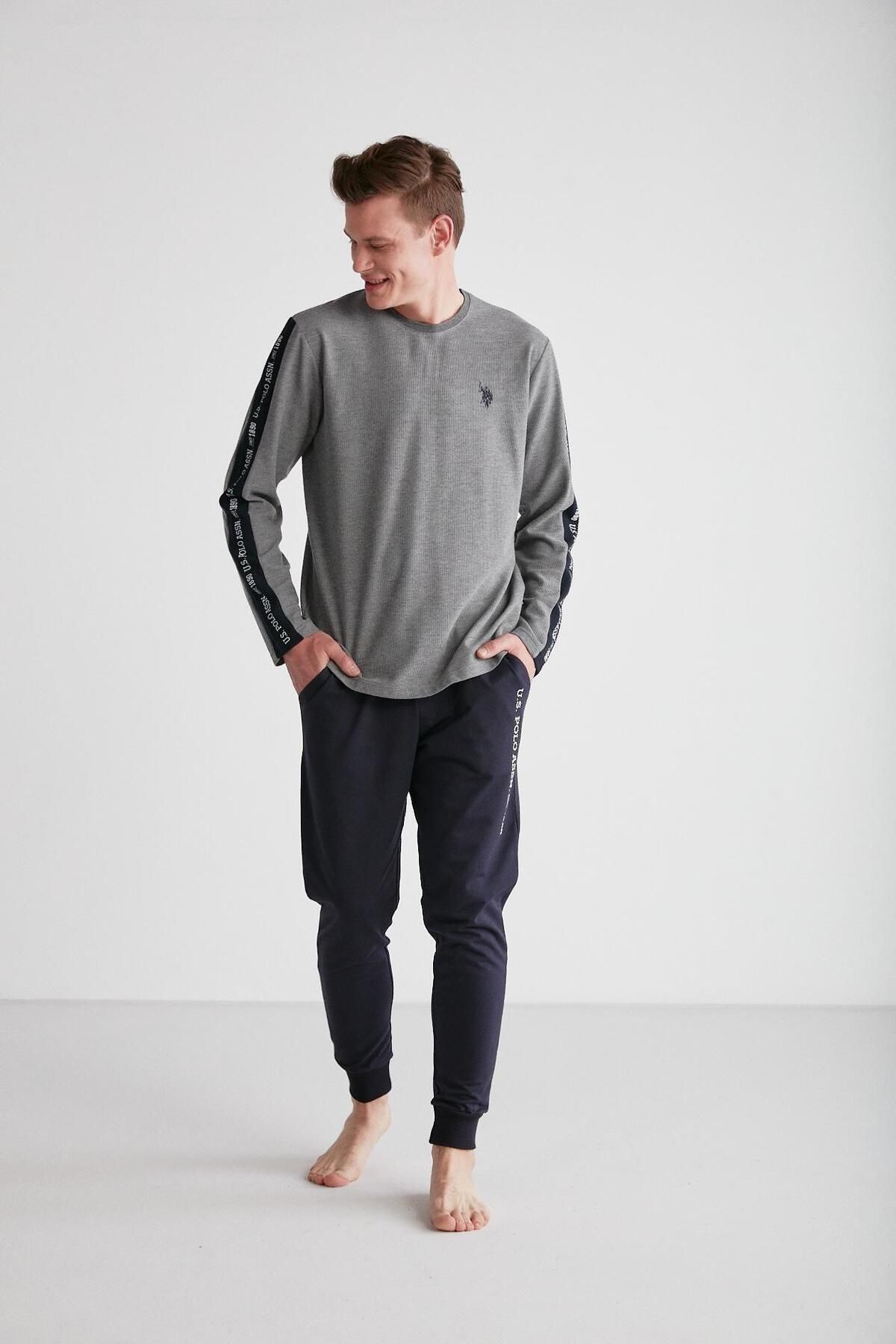 ست پیژامه خاکستری مردانه لباس خواب یقه گرد آنتراسیت ملانژ U.S. Polo Assn.