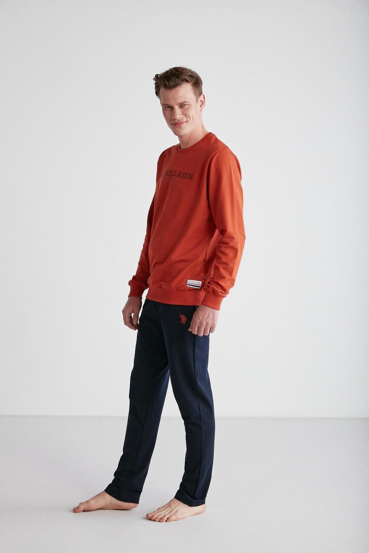 ست پیژامه نارنجی مردانه یقه گرد کاشی U.S. Polo Assn.