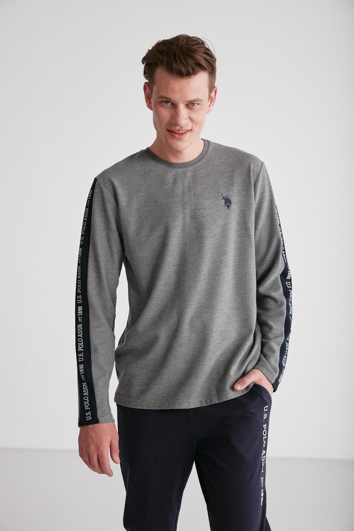 ست پیژامه خاکستری مردانه لباس خواب یقه گرد آنتراسیت ملانژ U.S. Polo Assn.