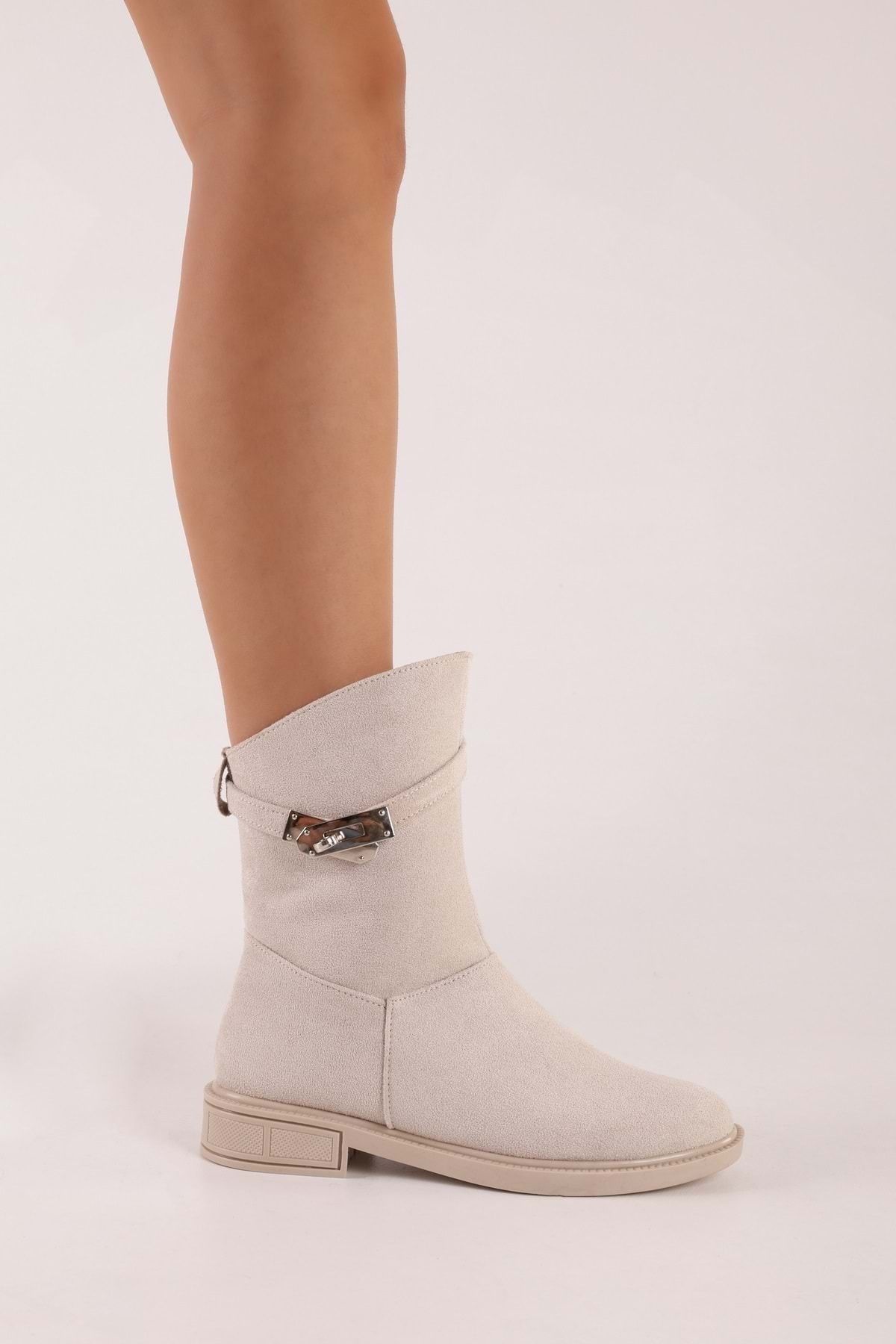 Shoeberry-Damen-Stiefel Mayslie aus beigem Wildleder mit Schnalle und flachem Absatz Beiges Wildleder 3