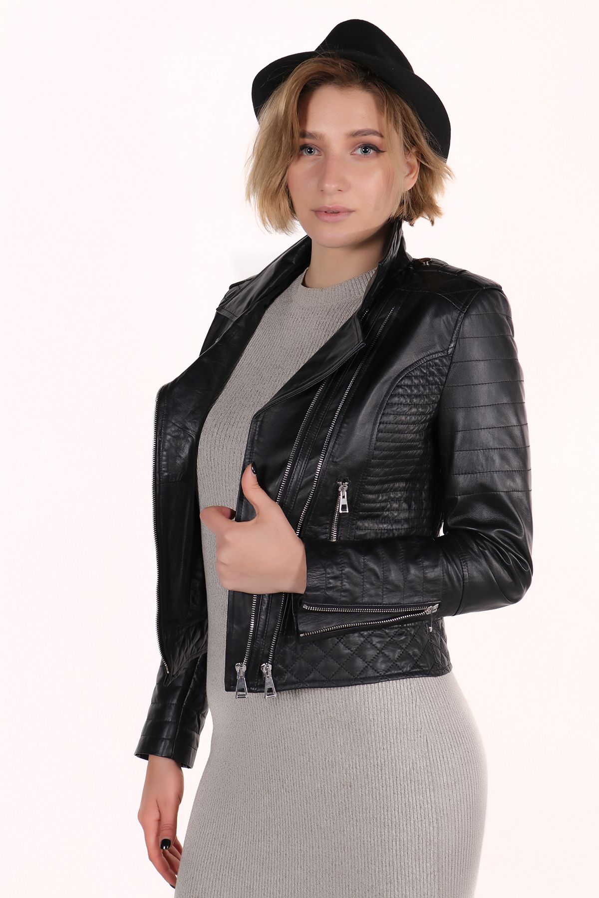 WOOG DERİ-Women's Black Genuine Leather Dimple Model Jacket 4
