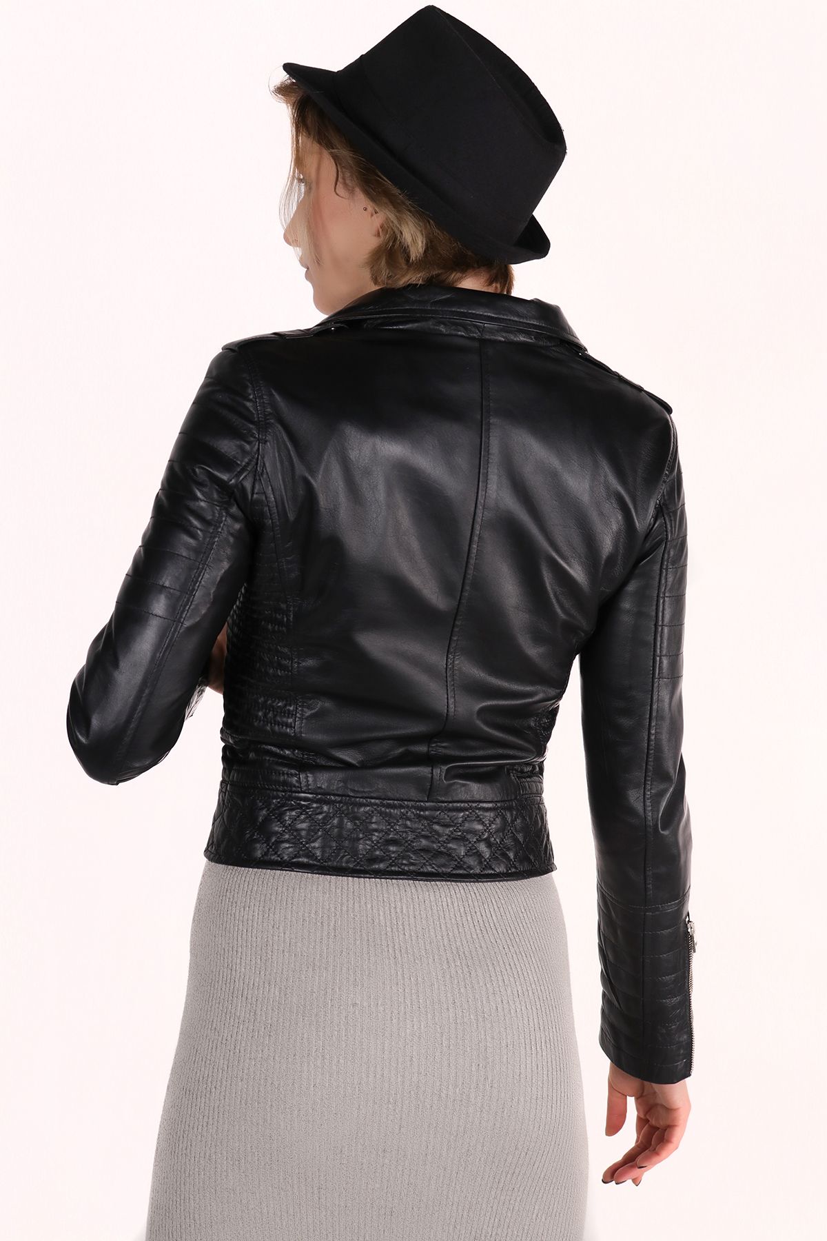 WOOG DERİ-Women's Black Genuine Leather Dimple Model Jacket 6