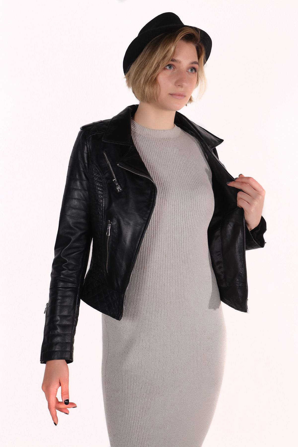 WOOG DERİ-Women's Black Genuine Leather Dimple Model Jacket 5