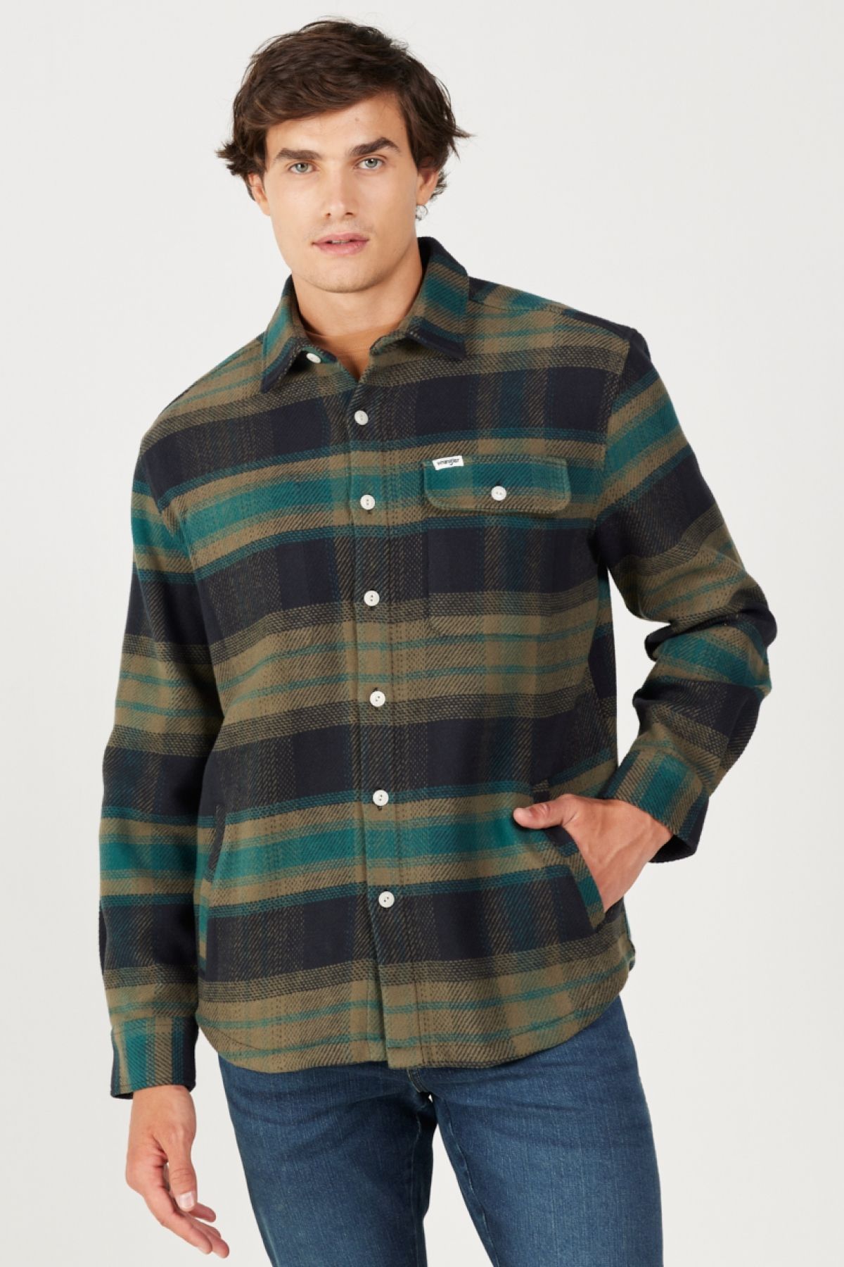 پیراهن / بلوز دکمه دار سبز مردانه برش گاه به شل 100 ٪ پنبه آستین بلند Wrangler