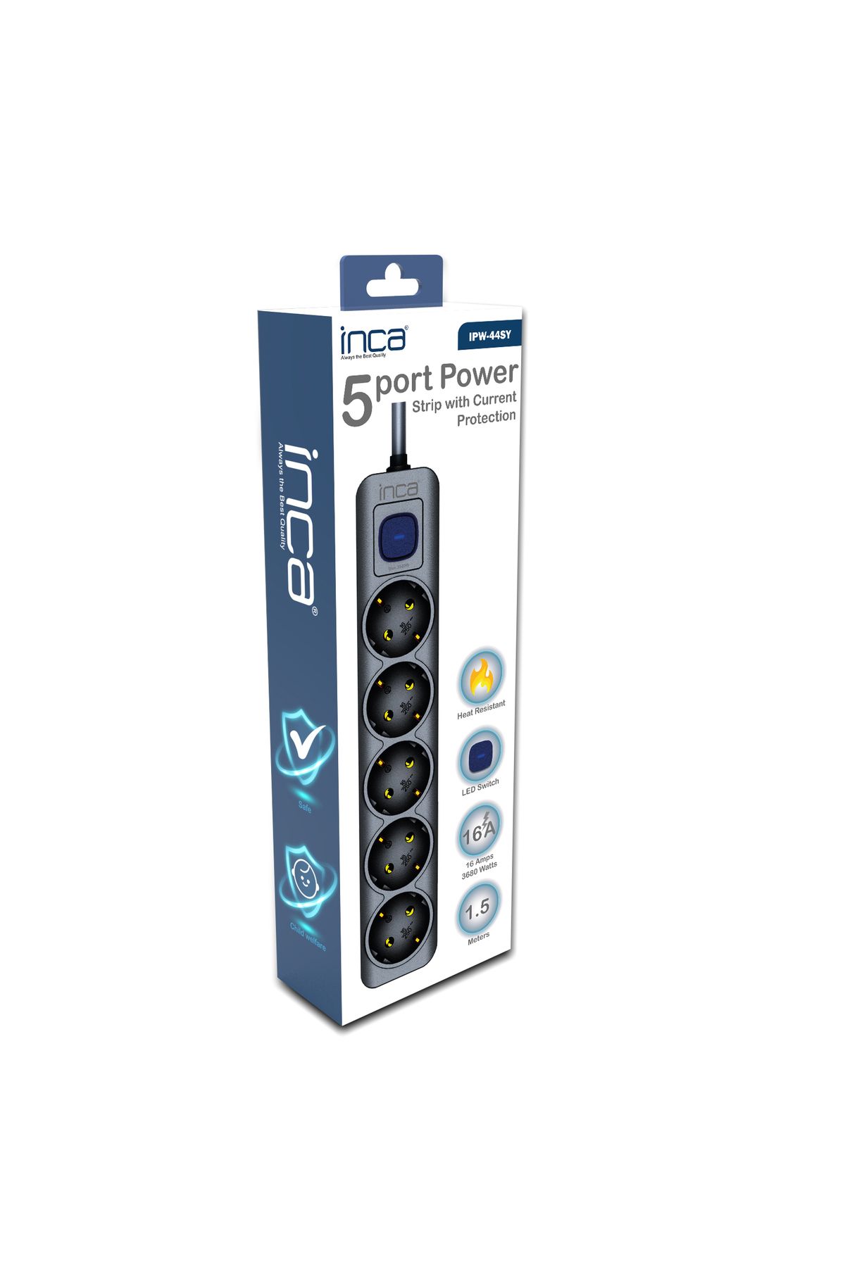 Inca-Ipw-44sy 5 Port Current Protected LED Button Socket 1.5m - Black 6