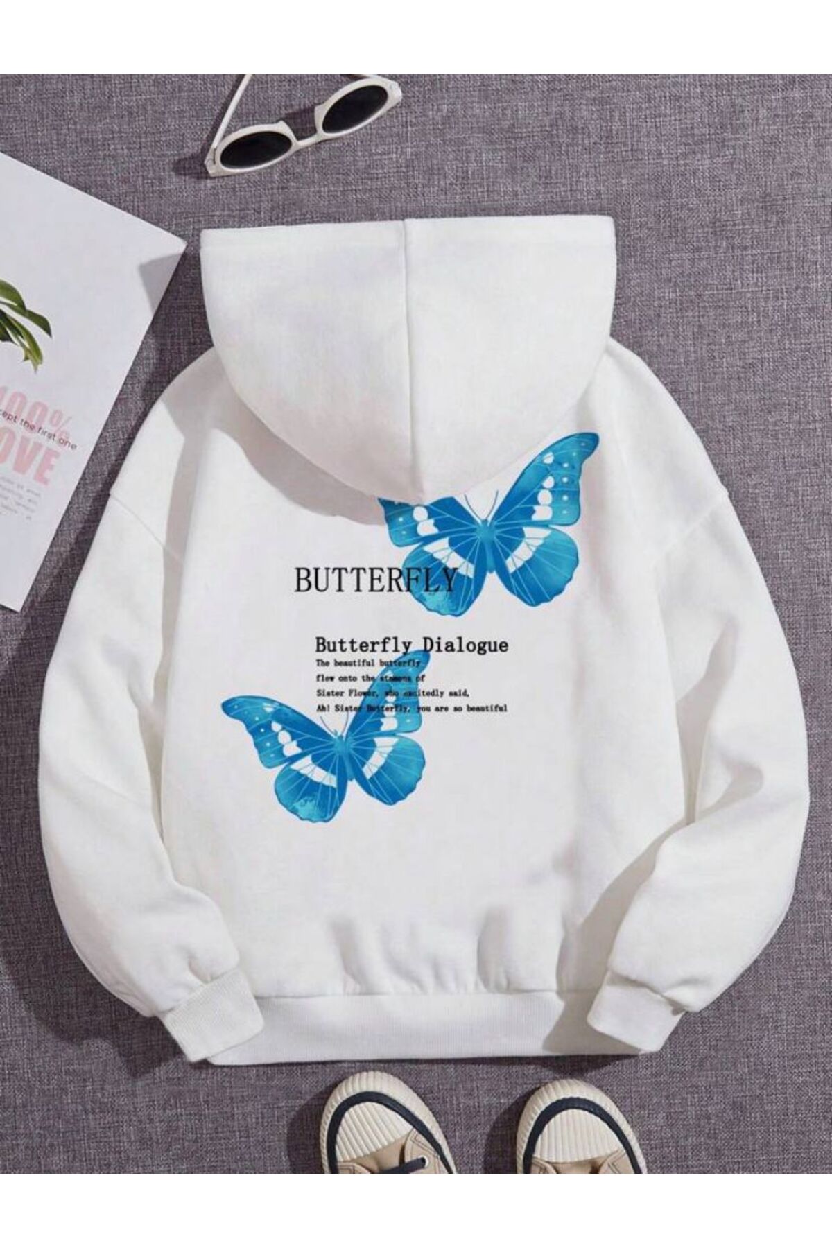 Girl Hooded White Beautiful Butterfly Printed Sweatshirt