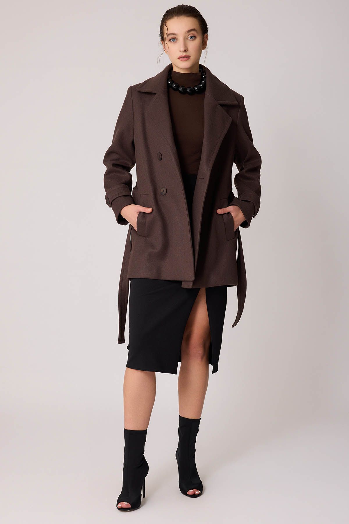 Vitrin SHOWCASE Buttoned Front Belted Short Cashmere Coat Trendyol