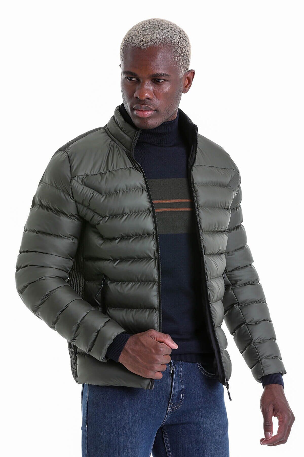MAKRAS EXCLUSIVE Extra Slim Fit Plain Efes Command Collar Puffer Coat