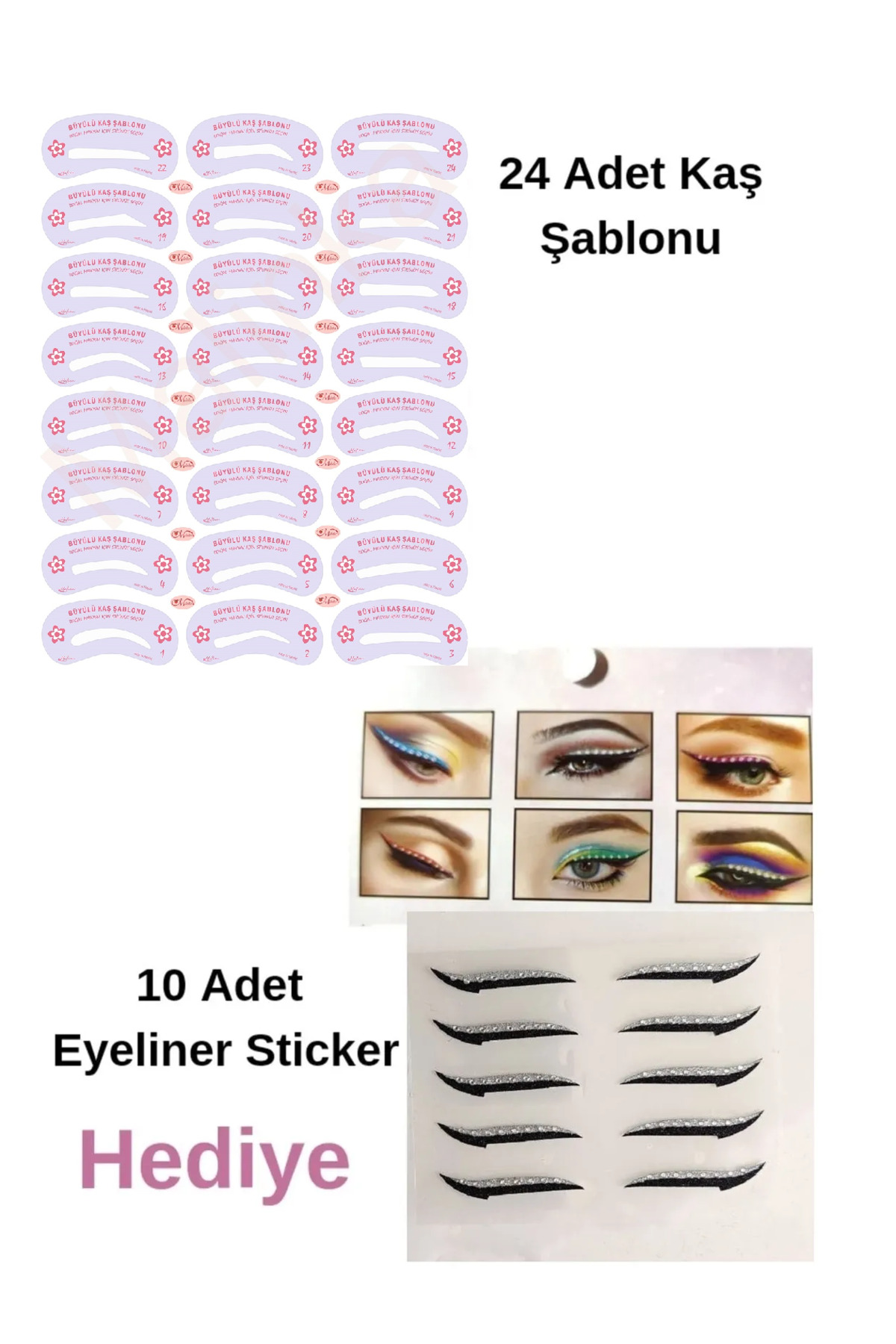 Malinka Yeniden Kullanılabilir 24 Adet Kaş Şablonu Şekillendirici 10 Ad Eyeliner Sticker Makyaj Seti Kalıp