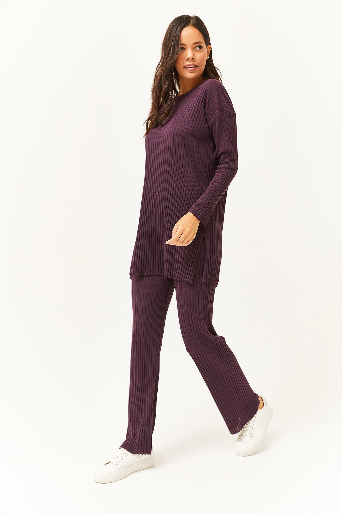 Olalook-Damen Pflaumenfarbenes Oberteil mit Schlitz, Bluse, Unterteil, Palazzo, Kordelzug, Anzug TKM-19000180 3