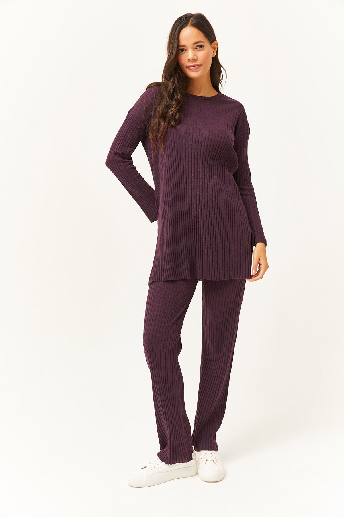 Olalook-Damen Pflaumenfarbenes Oberteil mit Schlitz, Bluse, Unterteil, Palazzo, Kordelzug, Anzug TKM-19000180 4