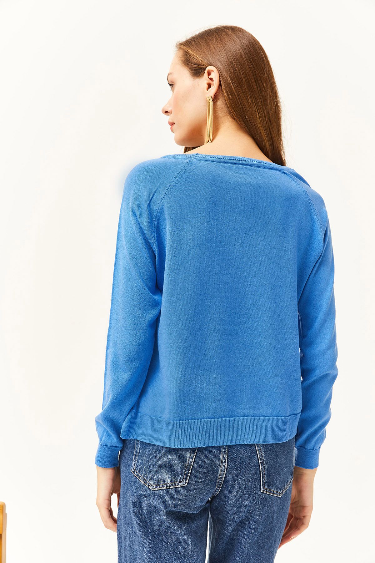 Olalook-Women's Blue Crew Neck Striped Cotton Viscose Knitwear Blouse BLZ-19002414 4