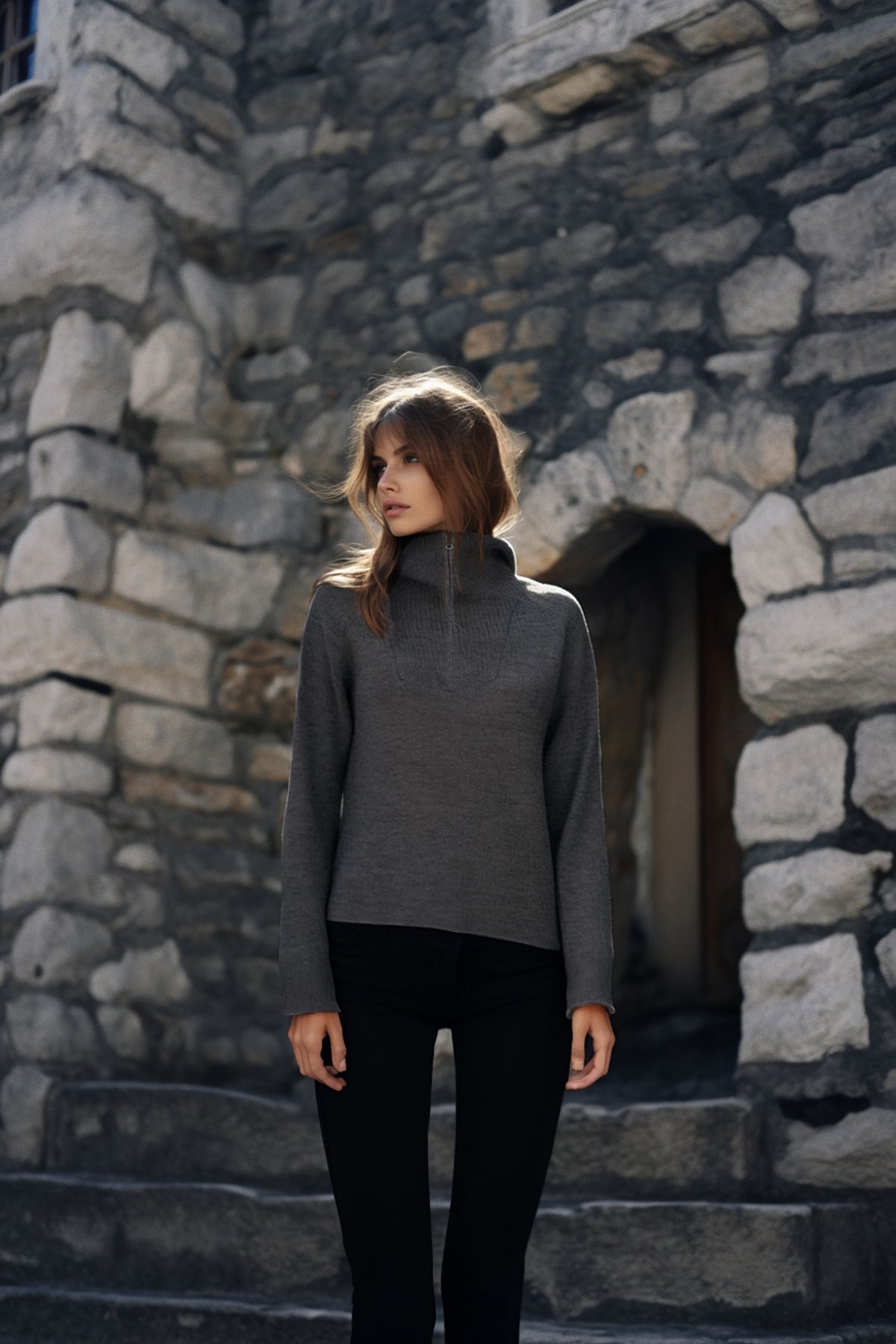 Trendyol Collection Antracytowy Sweter Z Dzianiny O Szerokim Kroju I Zapinany Na Zamek Kobieta - S