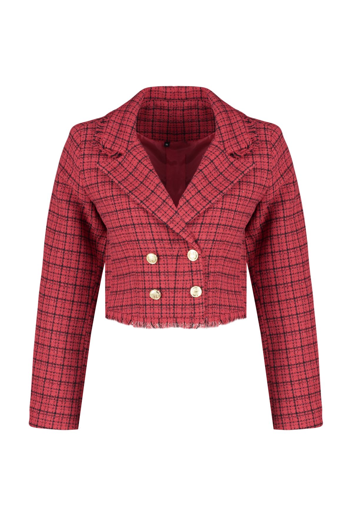 Trendyol Collection-Prémium piros kockás Crop blézerkabát - TWOAW24BC00081 7